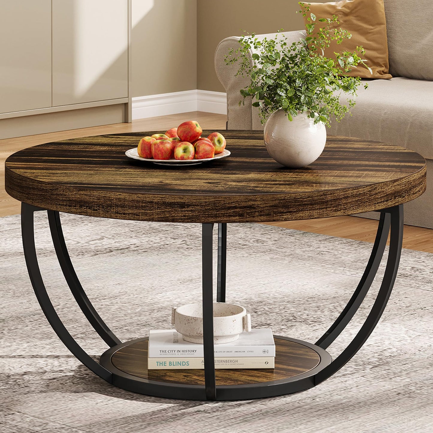 Tribesigns Round Coffee Table, 31.7" Wooden 2-Tier Circle Coffee Table with Storage Shelves, Modern Accent Cocktail Table Center Table for Living Room, Grey