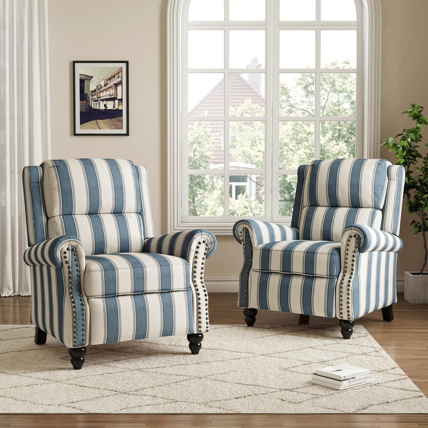 Pushback Recliner Chairs Set of 2, Comfy Fabric Wingback Recliner Chair, Upholstered Armchair Push Back Recliner with Wood Legs, Rivet Trim Accent Chair for Living Room, Bedroom, Blue Stripe