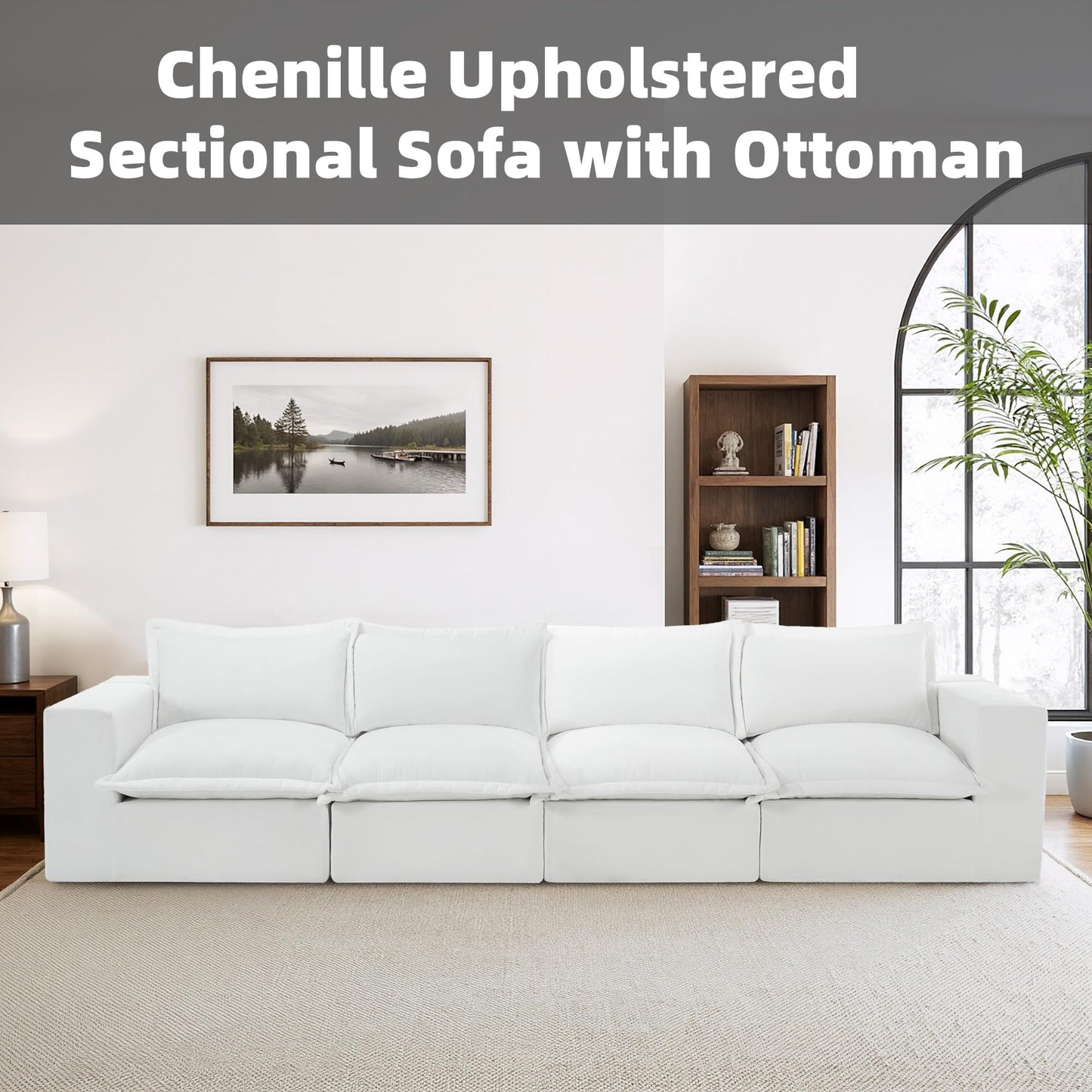 116" Modular Sectional Sofa, Comfy L Shaped Modular Coush Sofa with Ottoman, 3-Seat Chenille Cloud Couches Deep Seat Sofa for Living Room, Apartment, Small Spaces, Beige