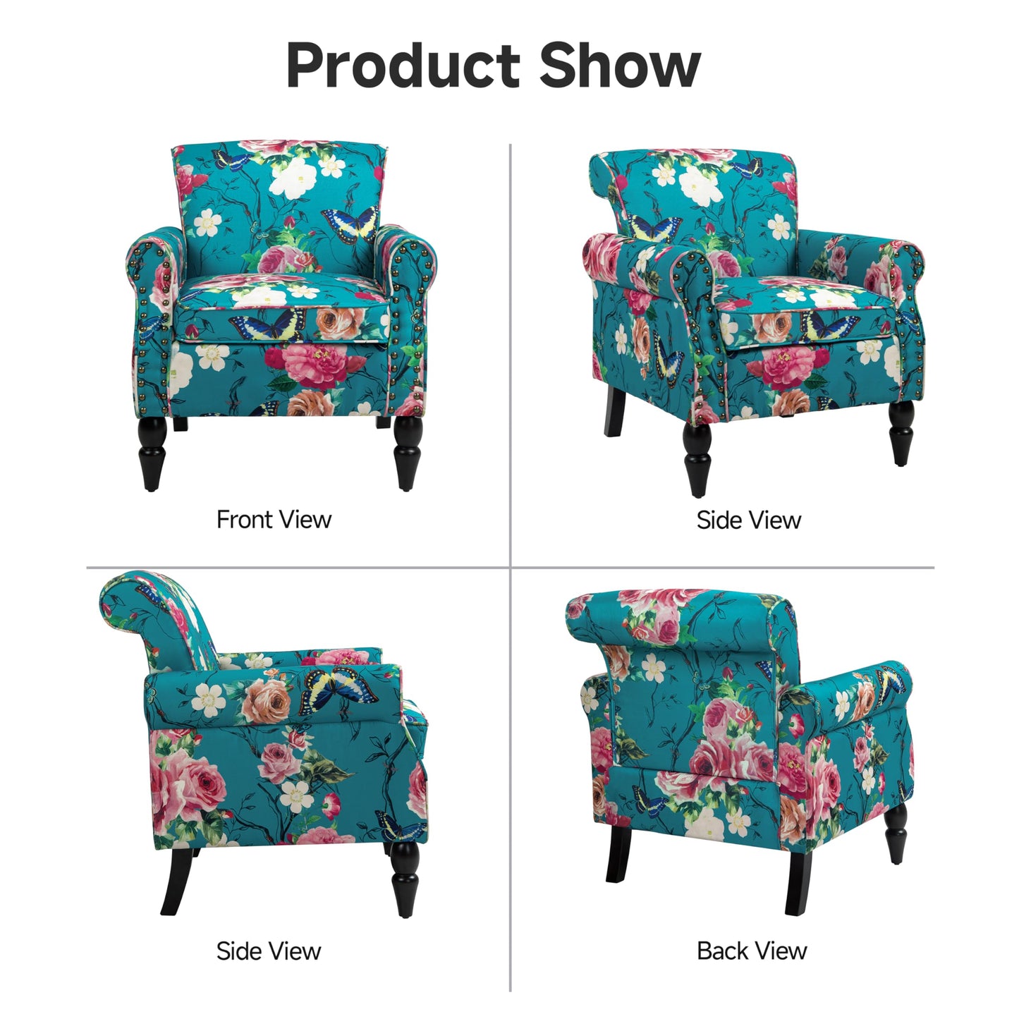 Wingback Accent Chairs Set of 2, Mid-Century Modern Upholstered Armchair Living Room Chair with Nailhead Trim & Rolled Armrest, Comfy Lounge Chair Single Sofa Chair for Bedroom, Light Blue
