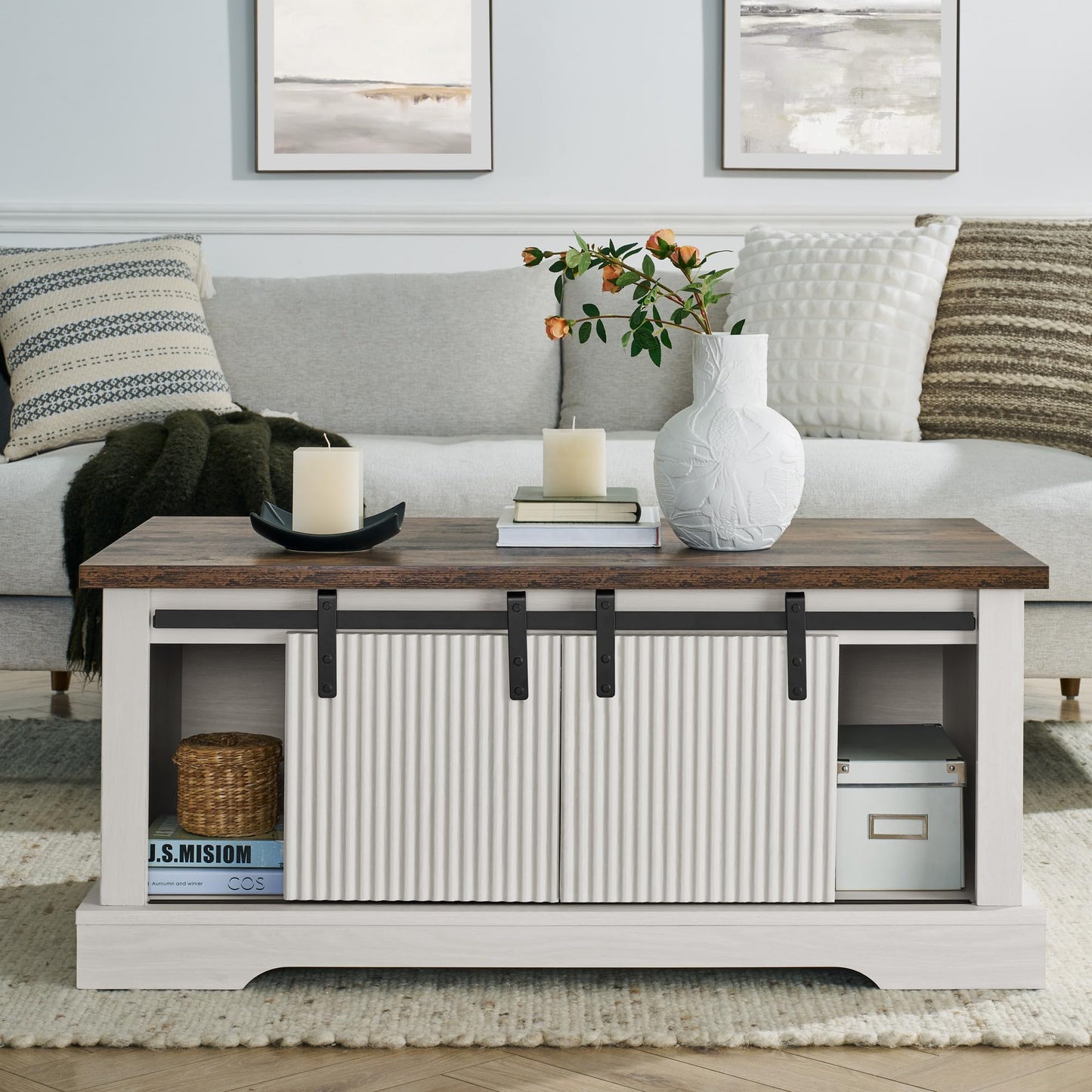 LKTART Farmhouse Coffee Table with Storage and Sliding Barn Door, Rustic Rectangular Center Table for Living Meeting Room,Office (41.3" W x 23.3" D)