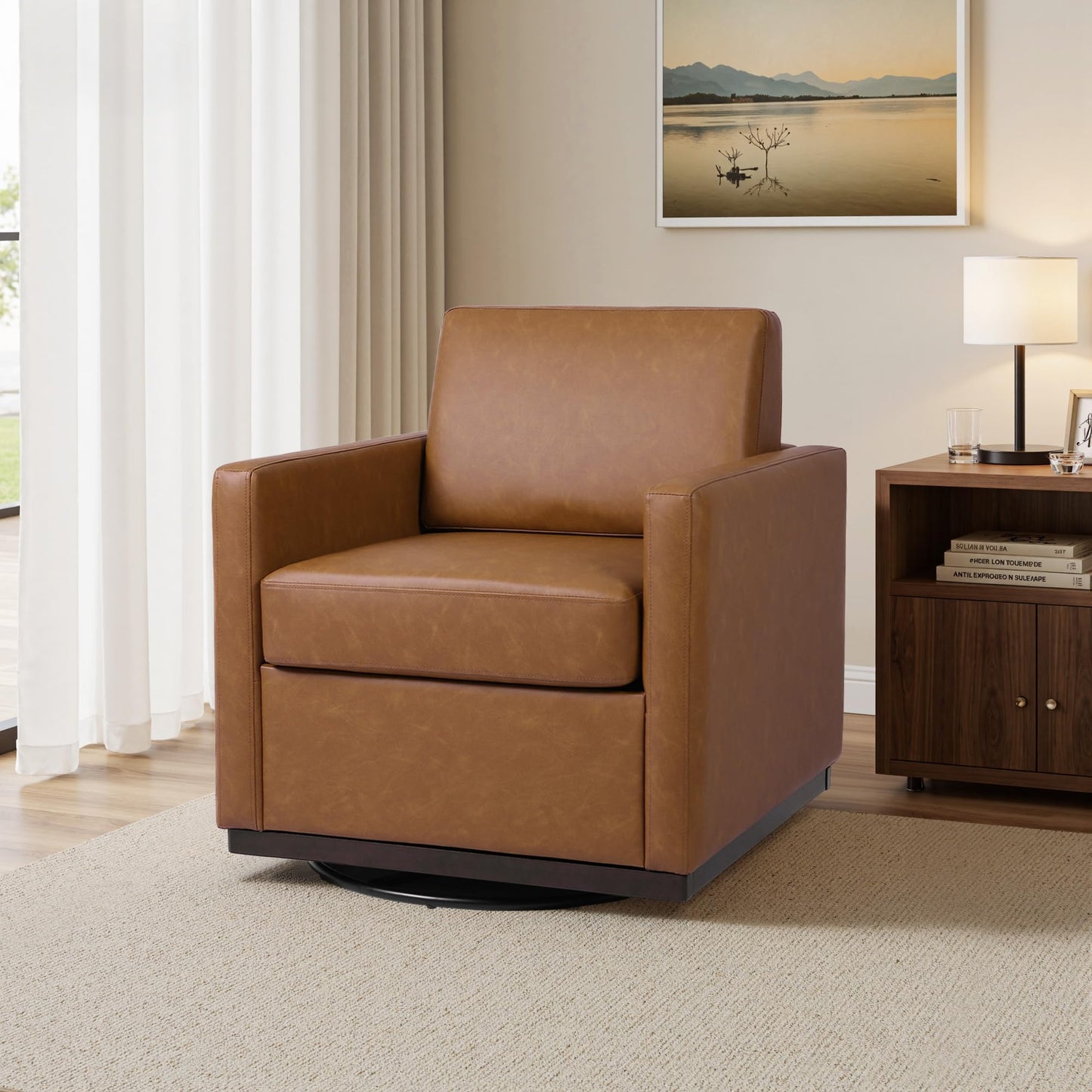 Faux Leather Swivel Accent Chairs Set of 2, 360° Swivel Upholstered Club Armchairs for Living Room, 31" Wide Square Single Sofa Reading Chair with Deep Seat, Metal Swivel Base, Navy