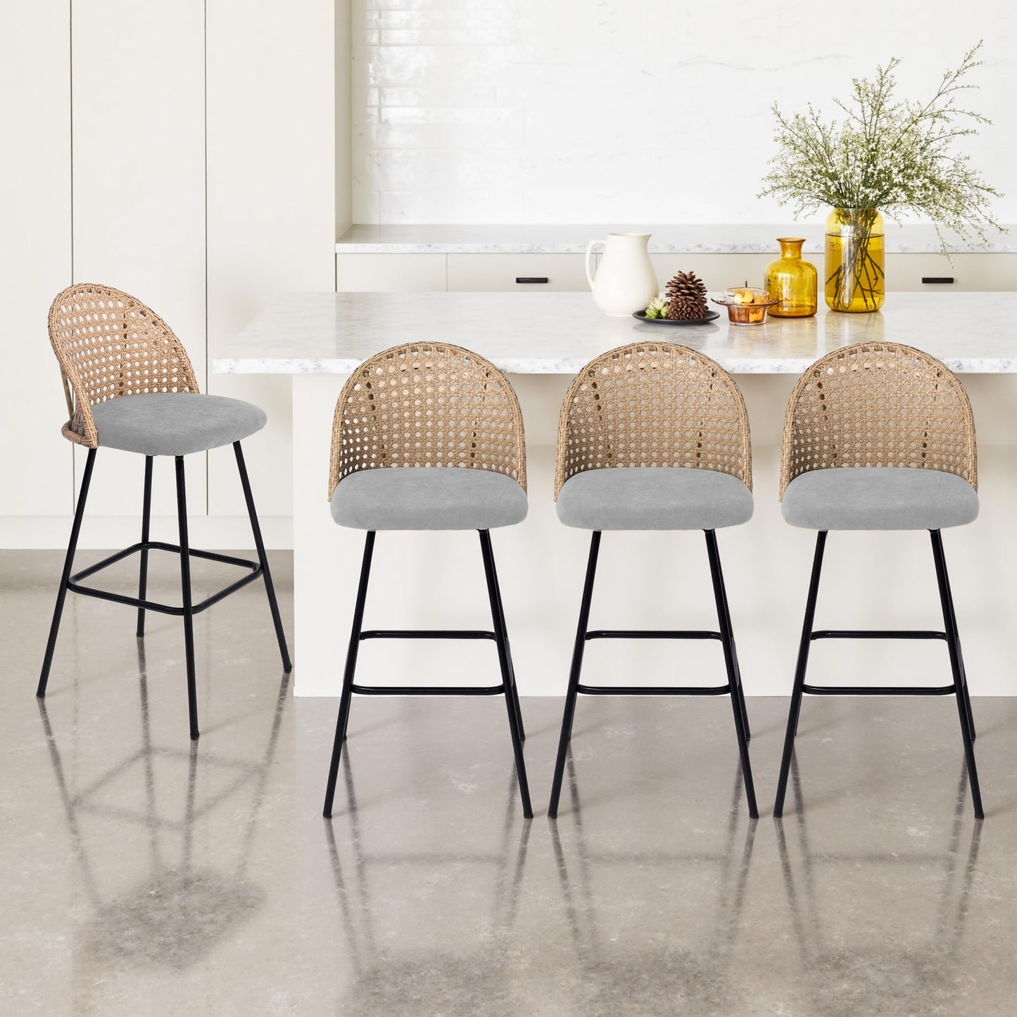 28.7" Swivel Bar Stools Set of 2, Mid Century Modern Counter Height Barstools with Rattan Backrest, Upholstered Chenille Armless Bar Chair Island Stools for Kitchen Island, Bar, Beige