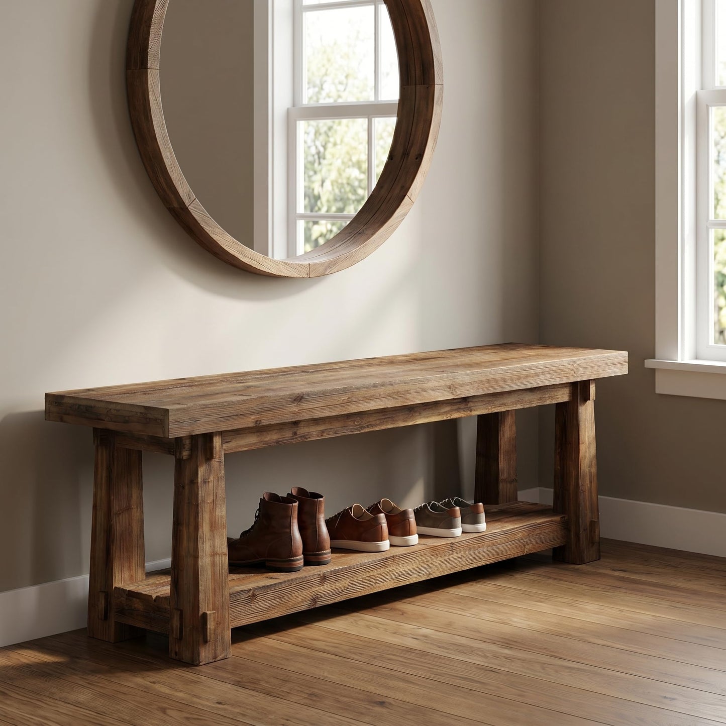 55" Solid Wood Entryway Bench with Shoe Storage, Rustic Wood Grain Shoe Rack Window Bench Seat for Foyer, Hallway, Mudroom, Bedroom, Easy Assembly (Rustic Light Wood)