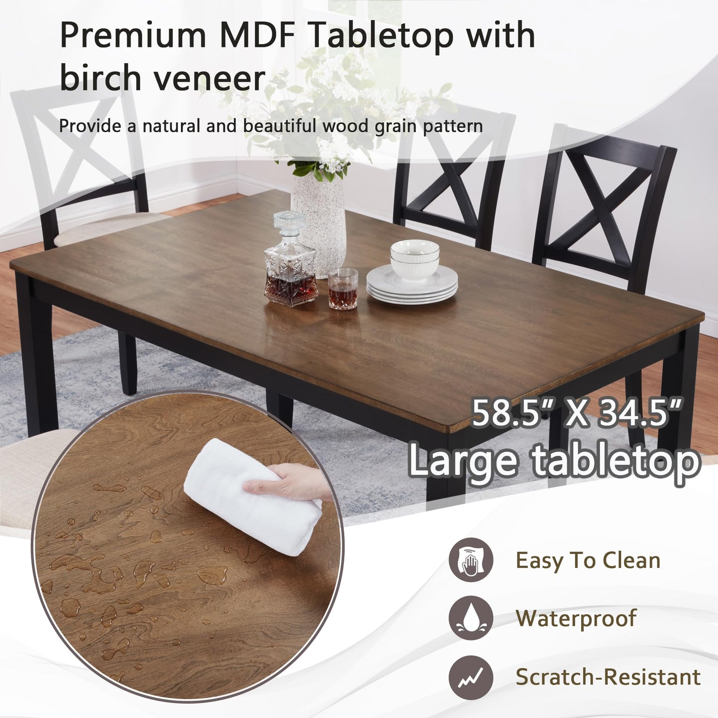 LKTART 6 Piece Kitchen Dining Set, 58.5" Rectangular Wooden Dinner Table with 4 Upholstered Chairs and a Bench for Living Room, Home Bar and Kitchen, Walnut