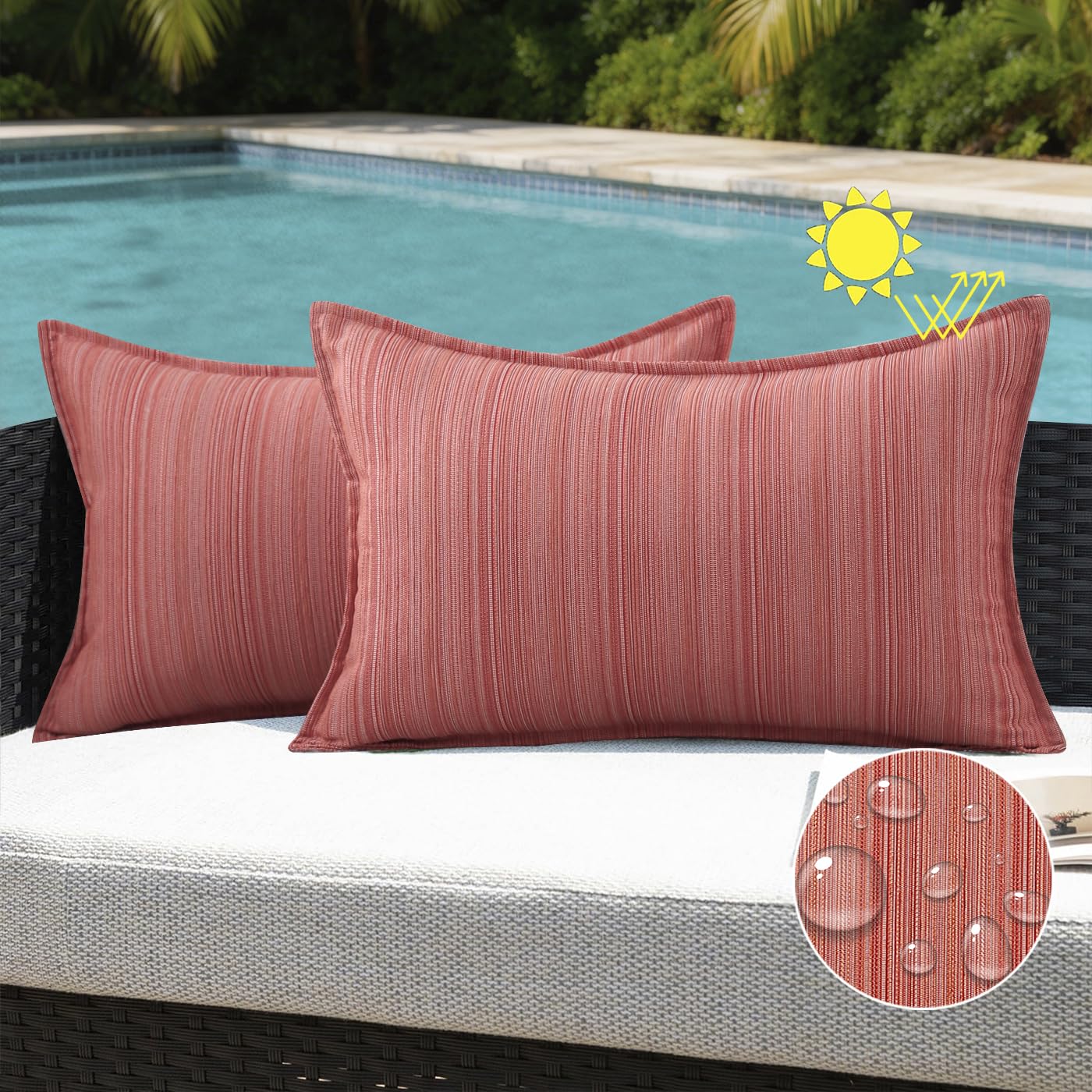 VAKADO Outdoor Waterproof Throw Pillow Covers 18x18 Set of 2,Chenille UV Decorative with Hem Patio Furniture Cushion Cases Decor for Bench Garden Tent Chair Seat Porch Couch,Stripe Beige