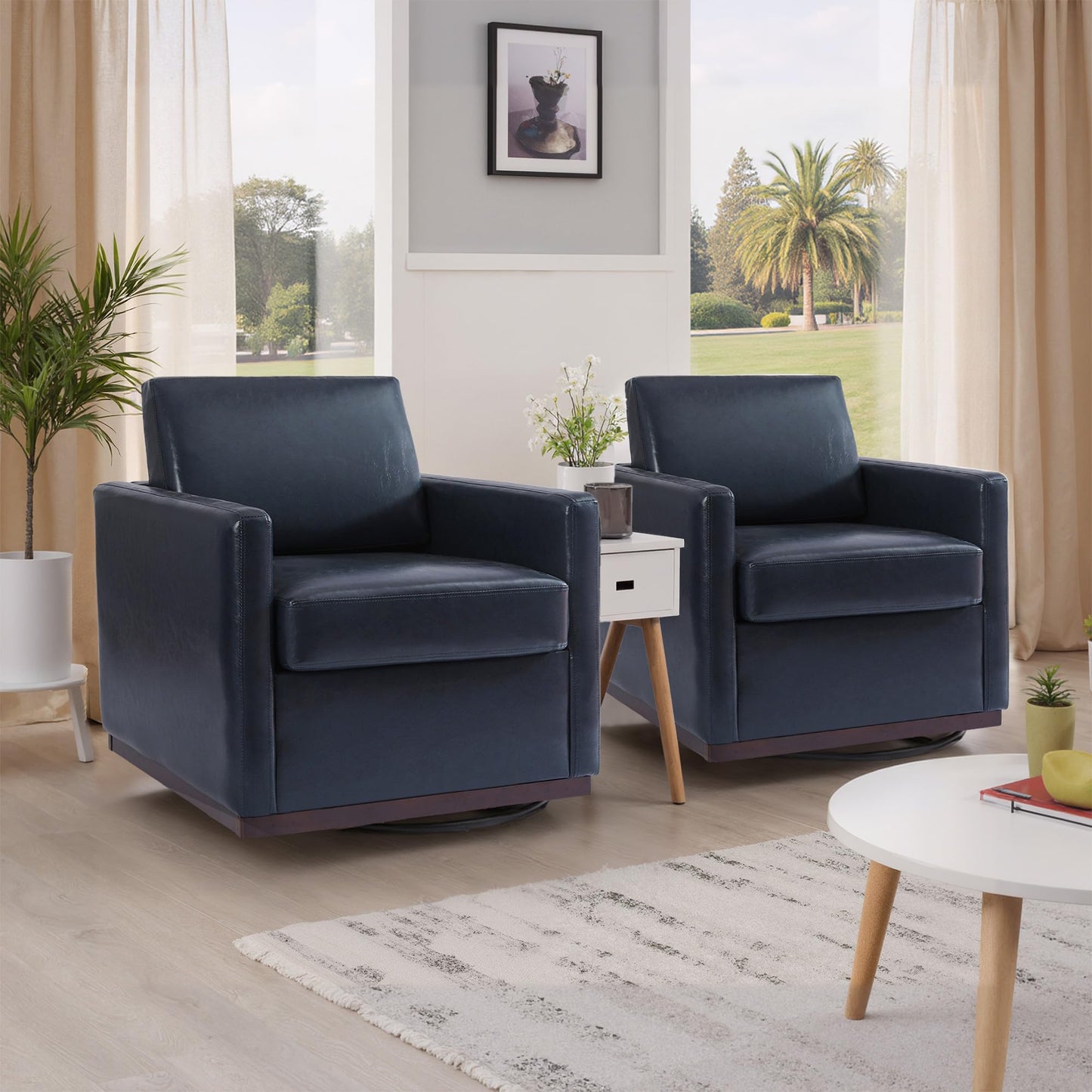 Swivel Accent Chairs Set of 2, 360° Swivel Upholstered Faux Leather Club Armchairs for Living Room, Comfy Single Sofa Reading Chair with Deep Seat, Metal Swivel Base, Coffee