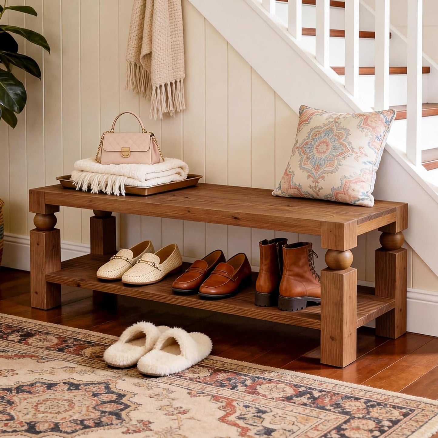 47-Inch Entryway Bench with Shoe Storage, Solid Wood Shoe Rack Bench, Narrow Storage Bench, Long Rustic Wood Bench for Indoor, Bedroom, Hallway, Living Room (Brown)