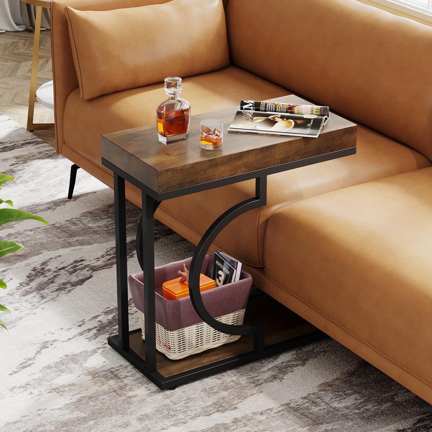 Tribesigns Narrow Side Table for Couch, C Shaped End Table with Metal Frame, Modern Bedside Tables, Small Sofa Tables for Small Spaces, Living Room (1, Brown+Black)