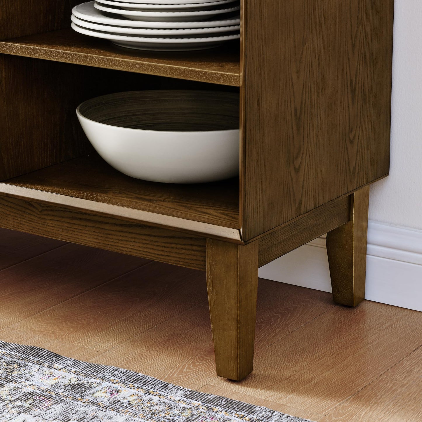 LKTART 63" Rattan Sideboard Buffet Cabinet,Kitchen Storage Cabinet,Wood Coffee Bars with 4 Doors & Open Storage Shelves,Mid Century Modern Credenza Console Table for Living Room,Walnut