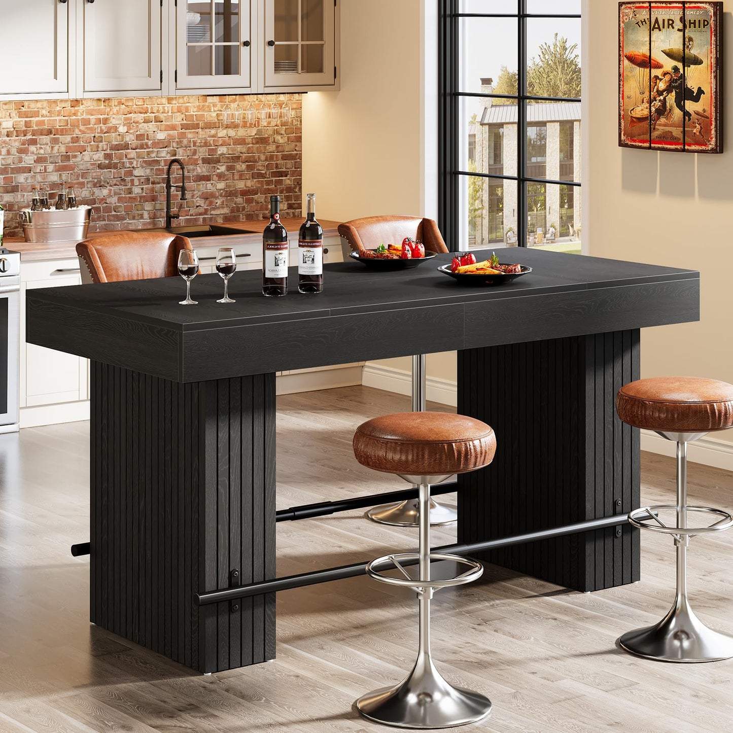 Tribesigns 62.2 Inch Bar Table, Industrial Counter Height Pub Dining Table, Rectangular Home Bar Units with Metal Footrest for Home Kitchen, Dining Room, Bistro, Brown and Dark Grey