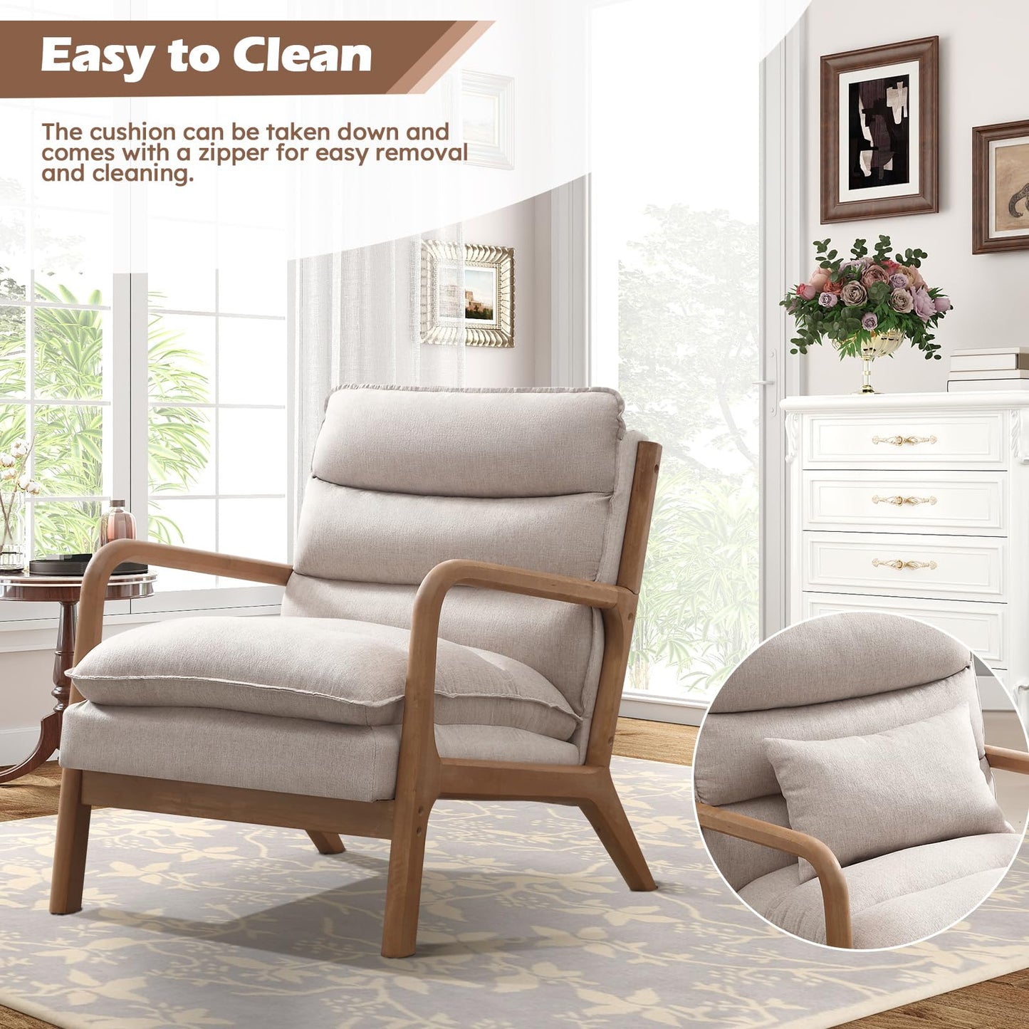 IOMOR Mid Century Modern Accent Chair, Upholstered Lounge Armchair with Plump Back Pillow, Comfy Reading Chair with Solid Wood Frame for Bedroom Living Room, Brown