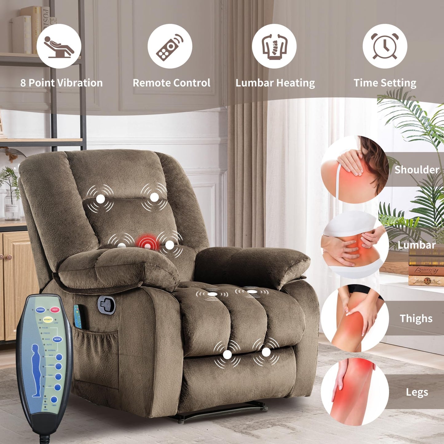 IOMOR Massage Recliner Chair with Heat and Massage, Ergonomic Overstuffed Breathable Fabric Reclining Chairs, Single Sofa Chair with Side Pockets for Living Room Home Theater (Dark Gray)