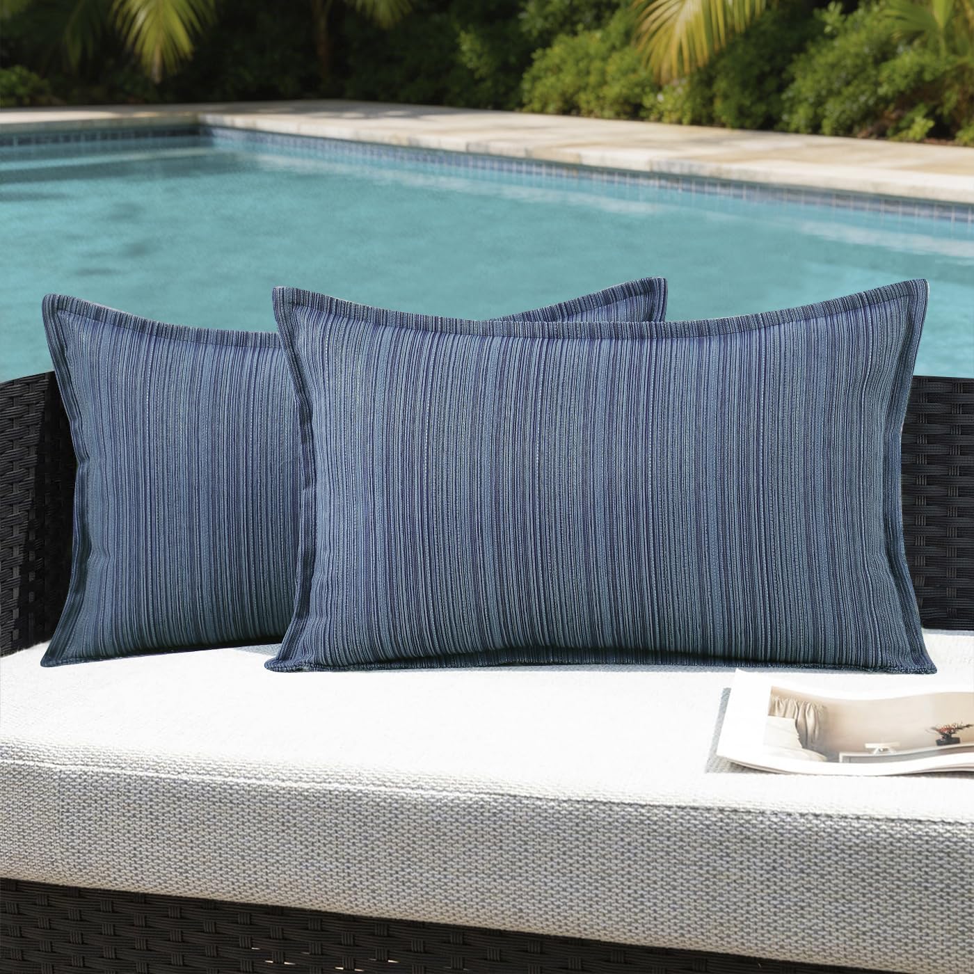 VAKADO Outdoor Waterproof Throw Pillow Covers 18x18 Set of 2,Chenille UV Decorative with Hem Patio Furniture Cushion Cases Decor for Bench Garden Tent Chair Seat Porch Couch,Stripe Beige