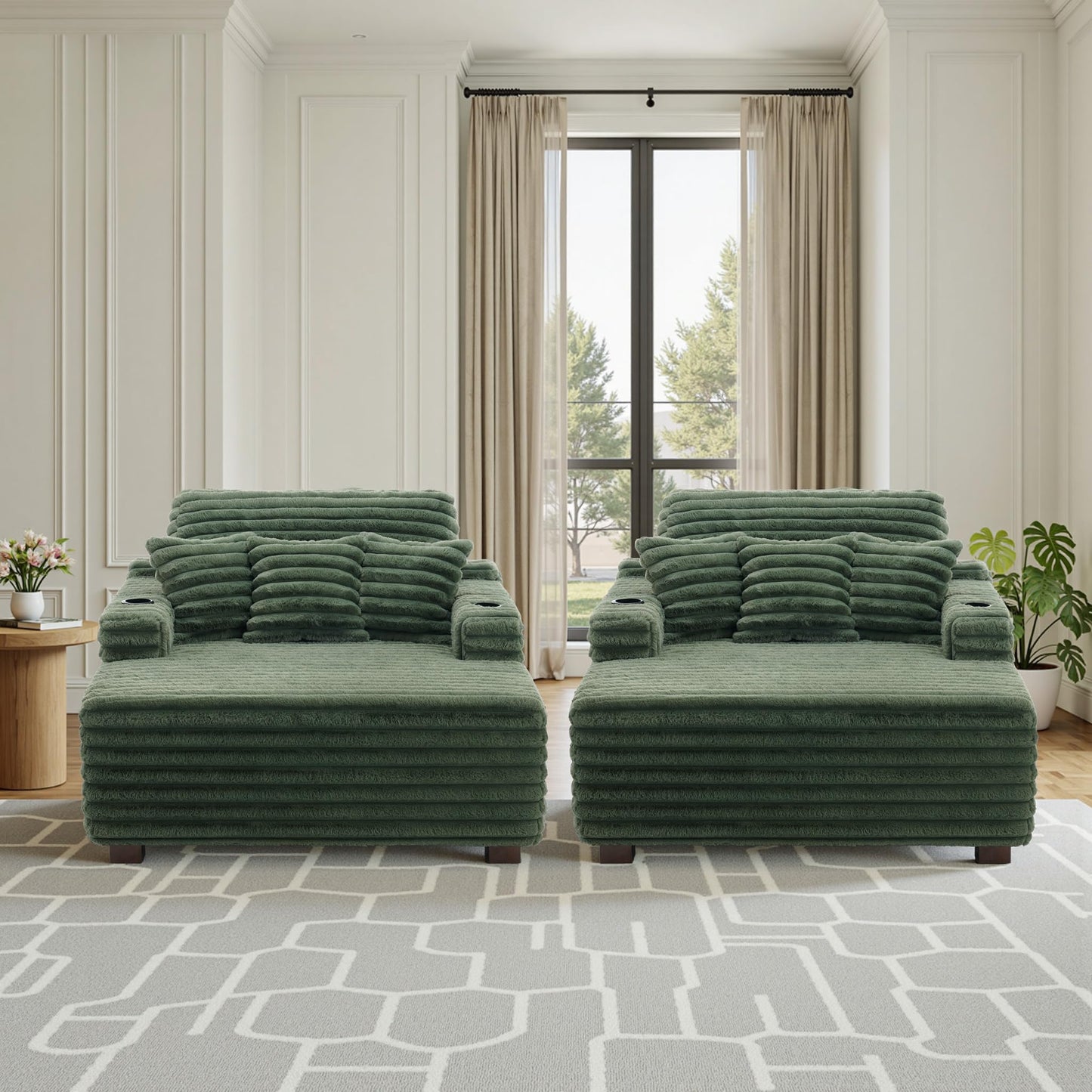 59" Chaise Lounge Chair Indoor, Upholstered Oversized Sleeper Sofa Bed Reading Chairs with 3 Soft Pillows & 2 Cup Holders, Comfy Cloud Deep Seat Sofa for Living Room Bedroom, Set of 2, Navy