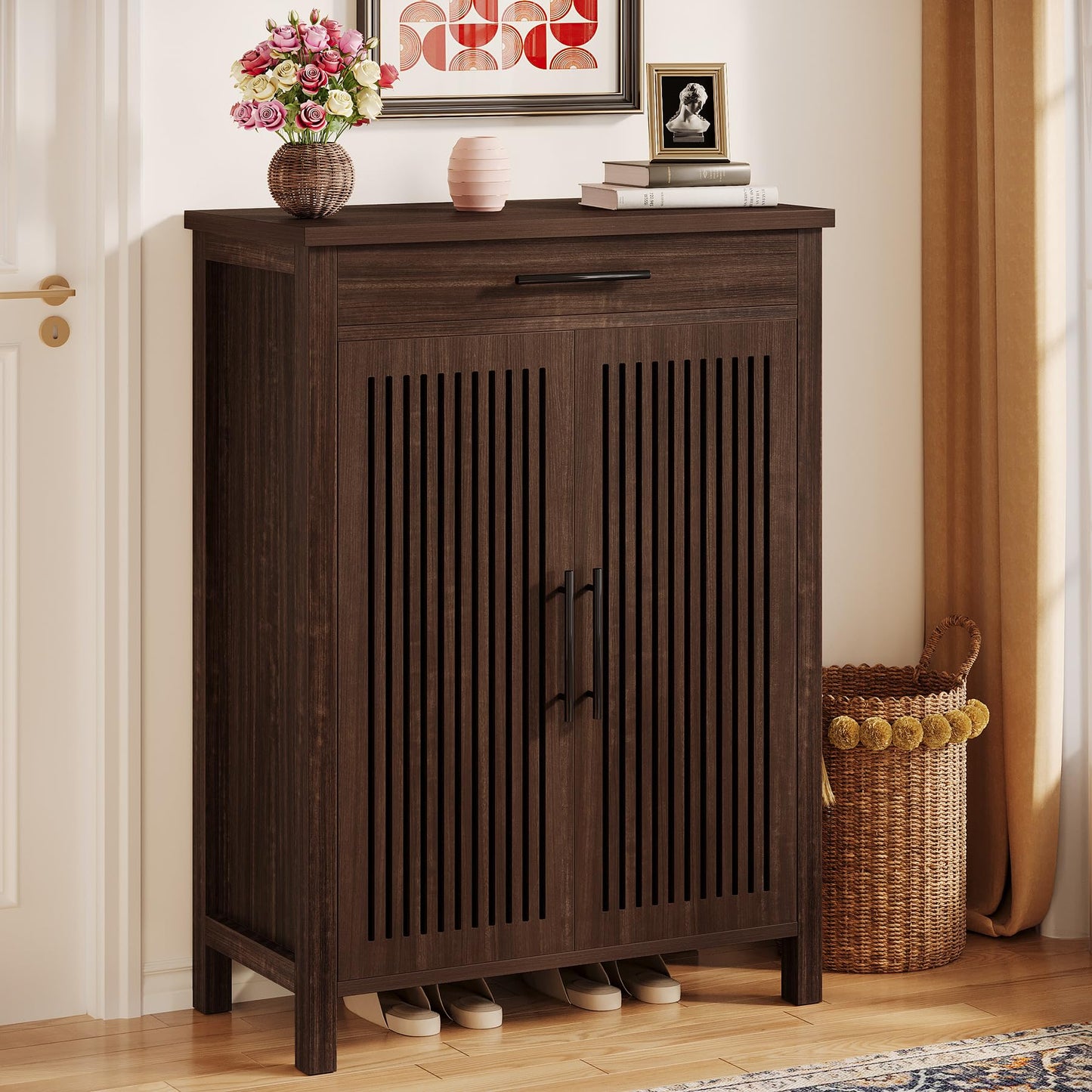 Tribesigns Shoe Cabinet, 5-Tier Shoe Storage Cabinet with Louvered Doors and Drawer, Freestanding Wooden Shoe Rack Organizer with Adjustable Shelves for Entryway, Hallway, Closet, Brown
