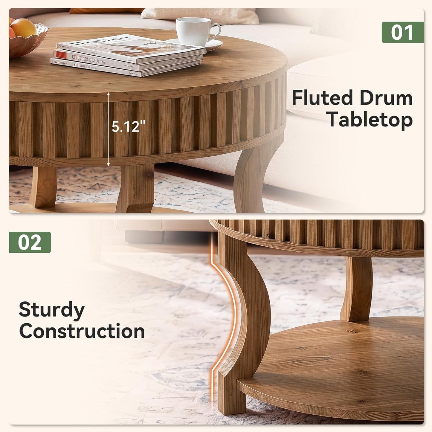 31.5 Inch Round Coffee Table, Farmhouse 2-Tier Center Table with Storage, Fluted Solid Wood Cocktail Table for Living Room (Brown)