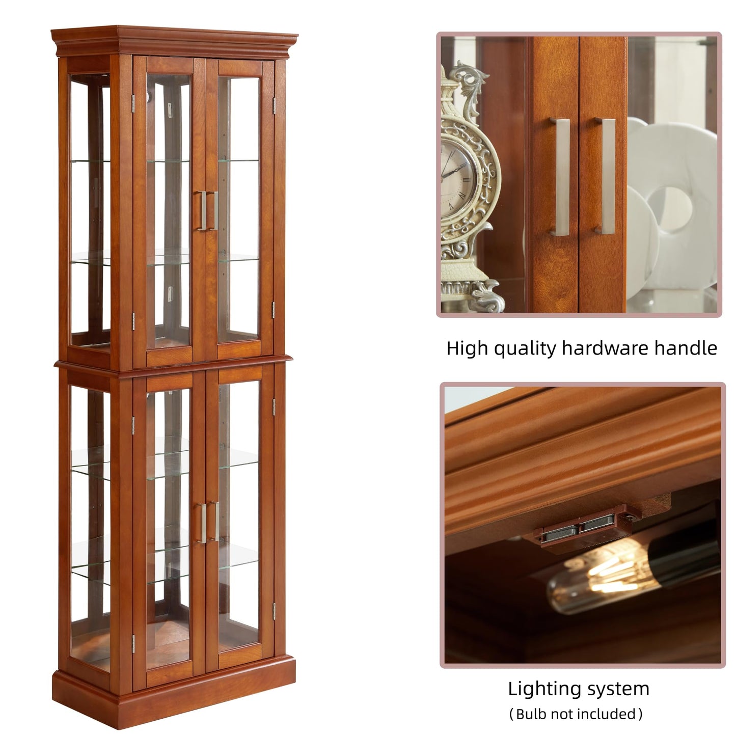 LKTART Curio Glass Display Cabinet with Lighted and Mirrored Back Panel,China Cabinets with Glass Doors,Tall Storage Cabinets with Adjustable Shelves for Curio Collectibles Storage(Cherry)