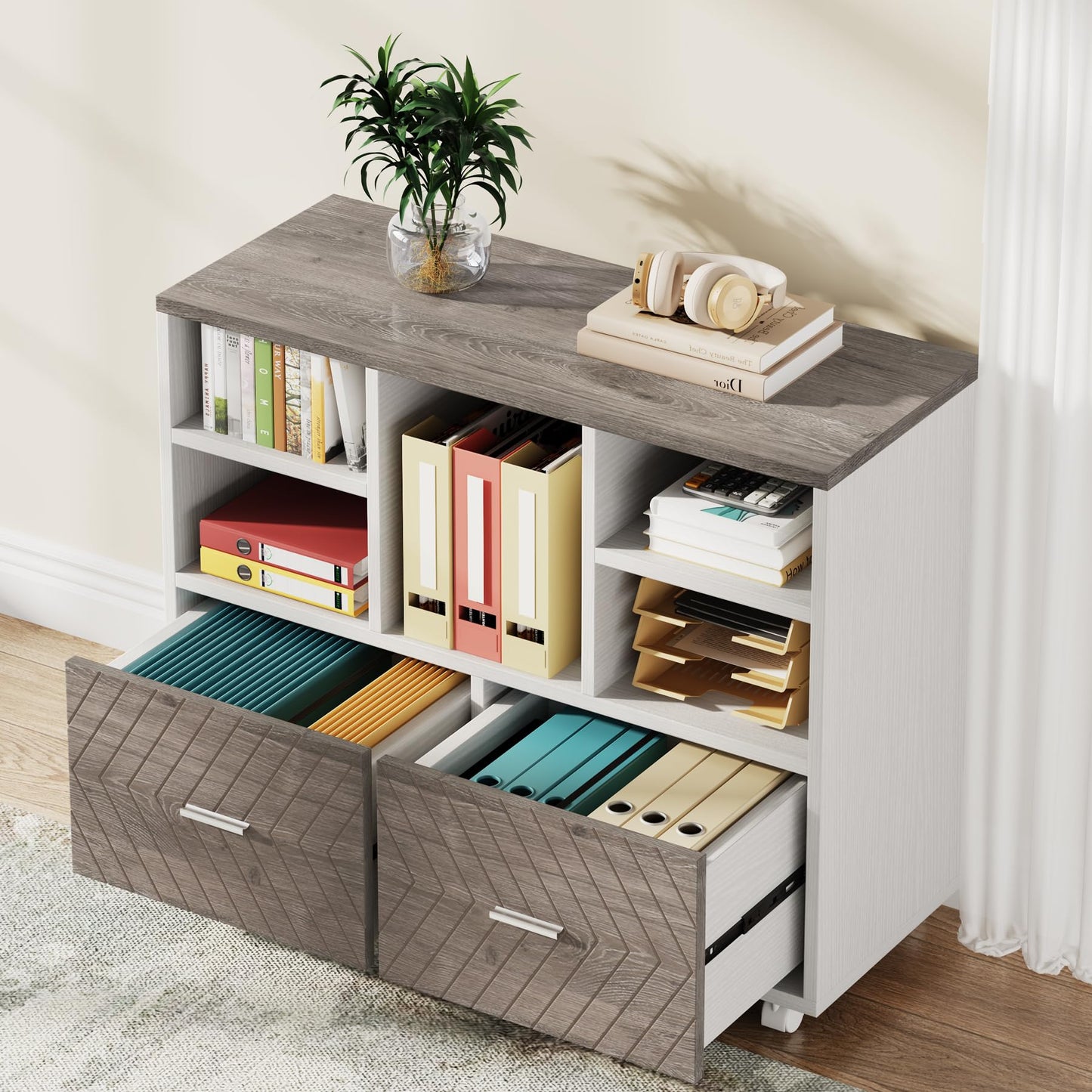 Tribesigns 2-Drawer Wood File Cabinet, Mobile Lateral Filing Cabinet for Hanging Letter Size Files, Printer Stand with Open Storage Shelves for Home Office (Oak Karo & White)