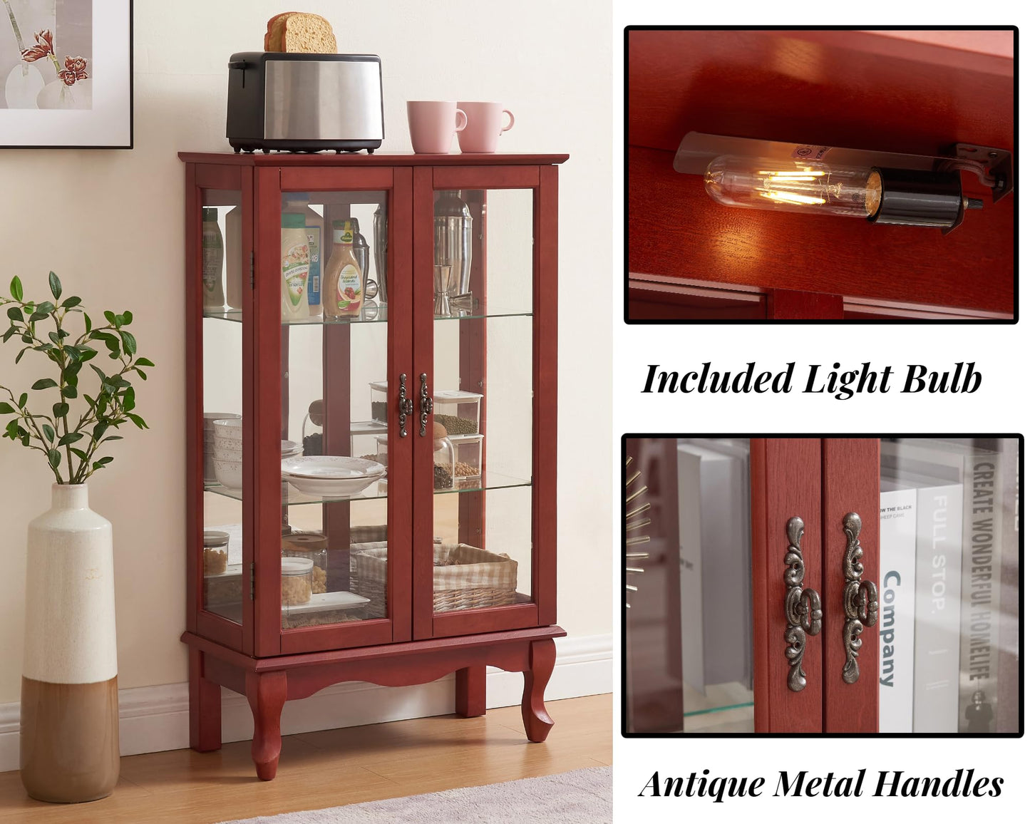 LKTART Curio Glass Display Cabinet,Storage Cabinet with Lights and Mirrored Back Panel,China Cabinet with Tempered Glass Doors and Shelves,Collectible Display Shelf,Included Bulb White