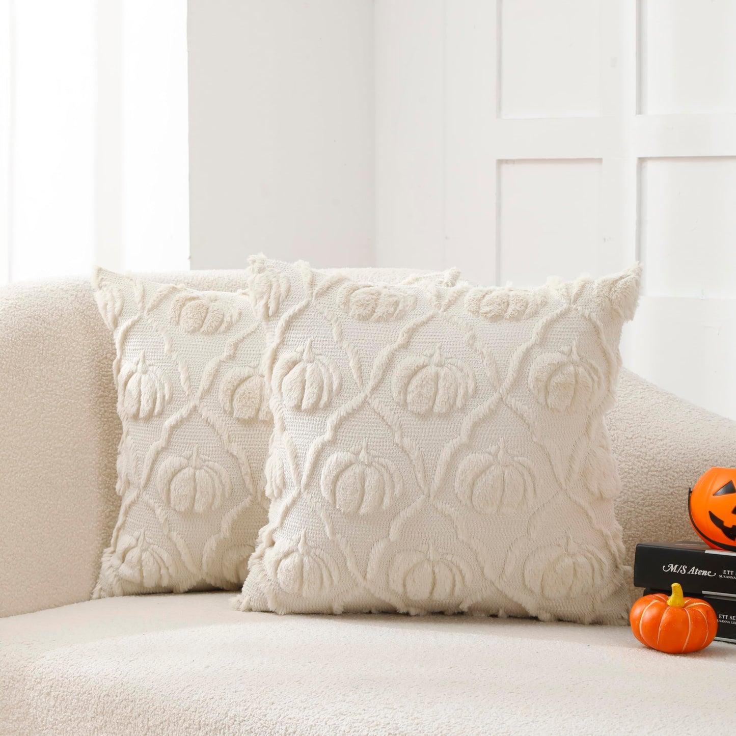 VAKADO Halloween Fall Throw Pillow Covers 18x18 Set of 2 Pumpkin Autumn Couch Thanksgiving Home Decorations Kitchen Decor Plush Embroidered Velvet Cushion for Farmhouse Bed Sofa Living Room,Cream