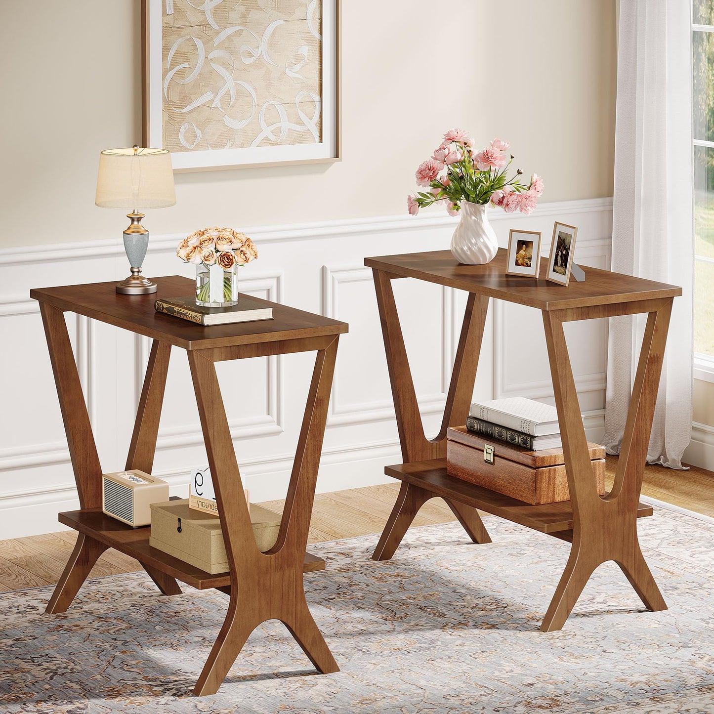 Solid Wood End Table for Living Room, 2-Tier Storage Shelves Sofa Couch Side Table with Sturdy Legs, Wooden Narrow Retro Nightstand for Small Spaces, Bedroom, Apartment