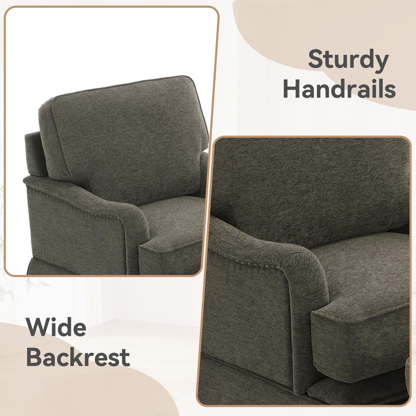 Swivel Accent Chair, 360° Swivel Upholstered Armchairs with Curved Arms, Comfy Chenille Fabric Lounge Reading Chairs for Living Room Bedroom Study, Metal Swivel Base, Tan