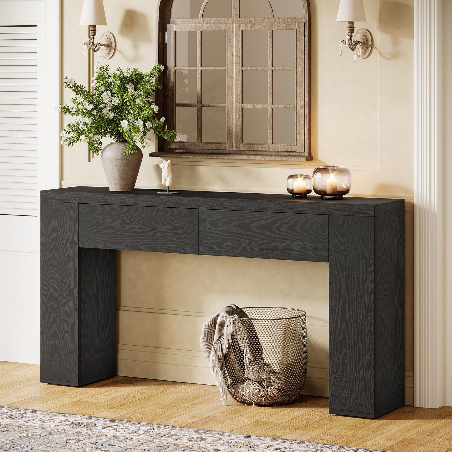 Tribesigns 63-Inch Wooden Console Table with 2 Hidden Drawers, Farmhouse Rustic Brown Sofa Table for Living Room, Hallway, Entrance, Foyer, Easy Assembly (Brown)