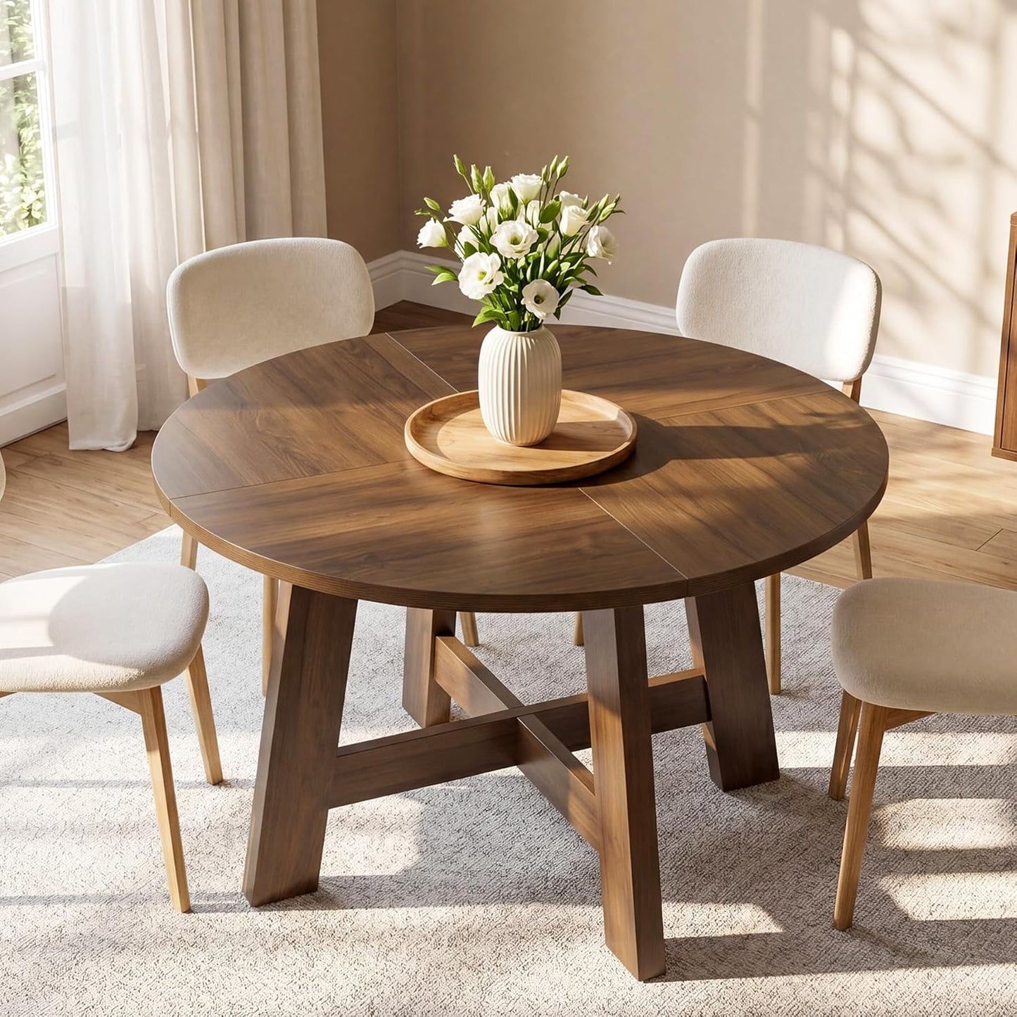 Tribesigns Round Dining Table for for 4-6 People, 47-Inch Circle Kitchen Table with Reinforced Cross Brace, Farmhouse Dining Room Furniture for Living Room, Apartment, Restaurant, Walnut Brown