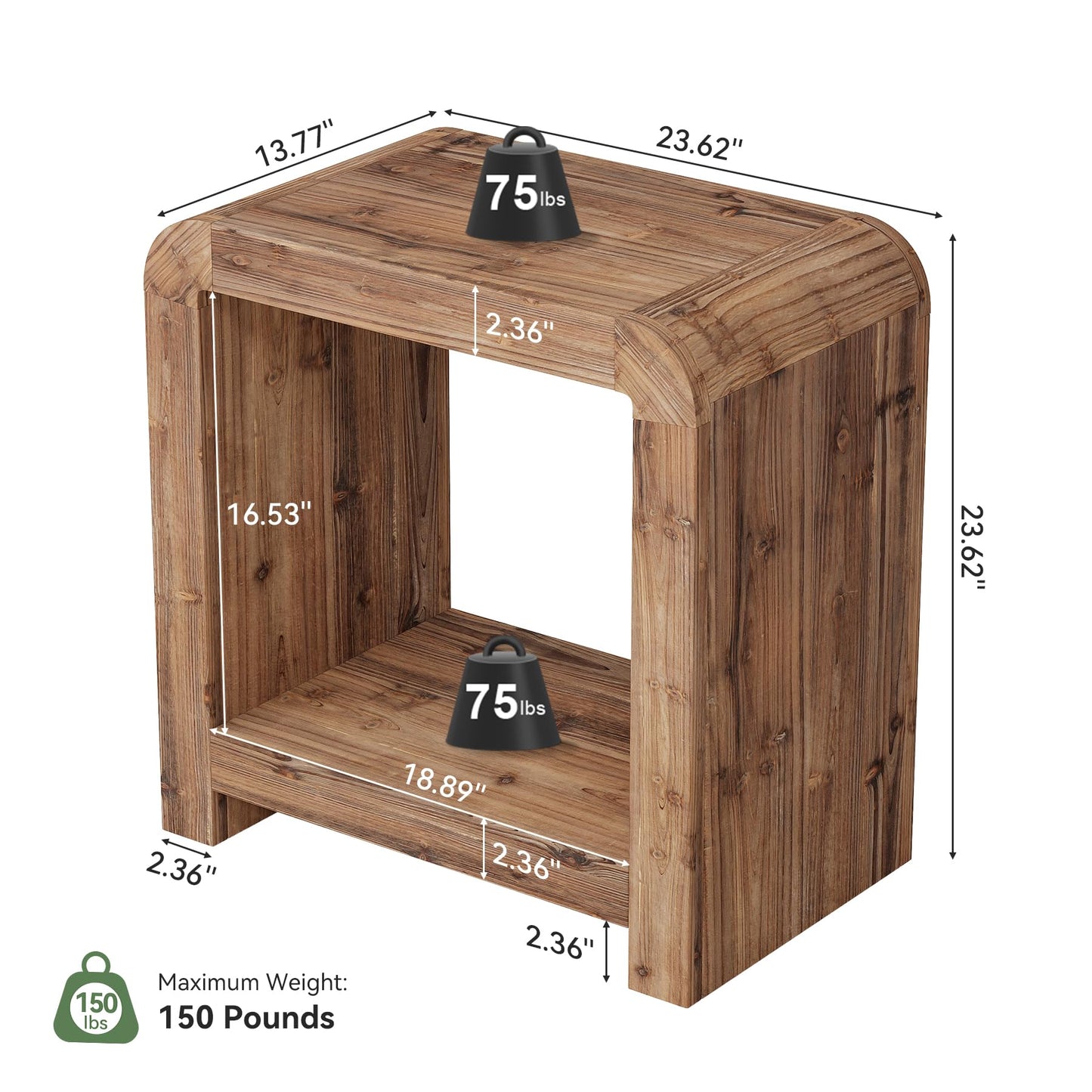 Solid Wood End Table, 2-Tier Narrow Side Table with Storage Shelves, Farmhouse Rustic Nightstand for Living Room, Bedroom, Small Spaces, Easy Assembly (1 PC, Brown)