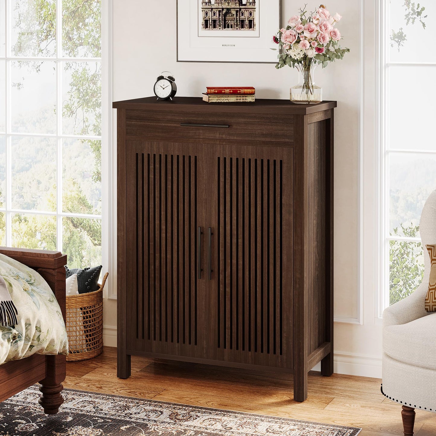 Tribesigns Shoe Cabinet, 5-Tier Shoe Storage Cabinet with Louvered Doors and Drawer, Freestanding Wooden Shoe Rack Organizer with Adjustable Shelves for Entryway, Hallway, Closet, Brown