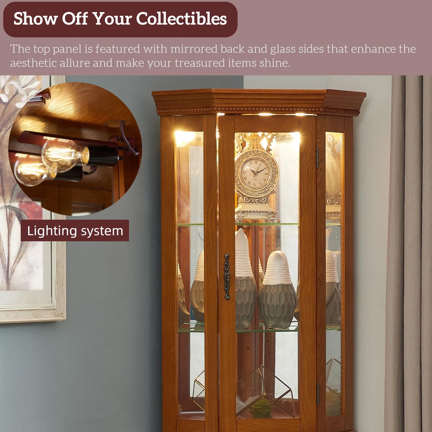 LKTART Curio Glass Display Cabinet, 70" Tall Corner Storage Cabinet with Lights and Mirrored Back Panel,China Cabinet with Tempered Glass Doors and Shelves(Walnut)