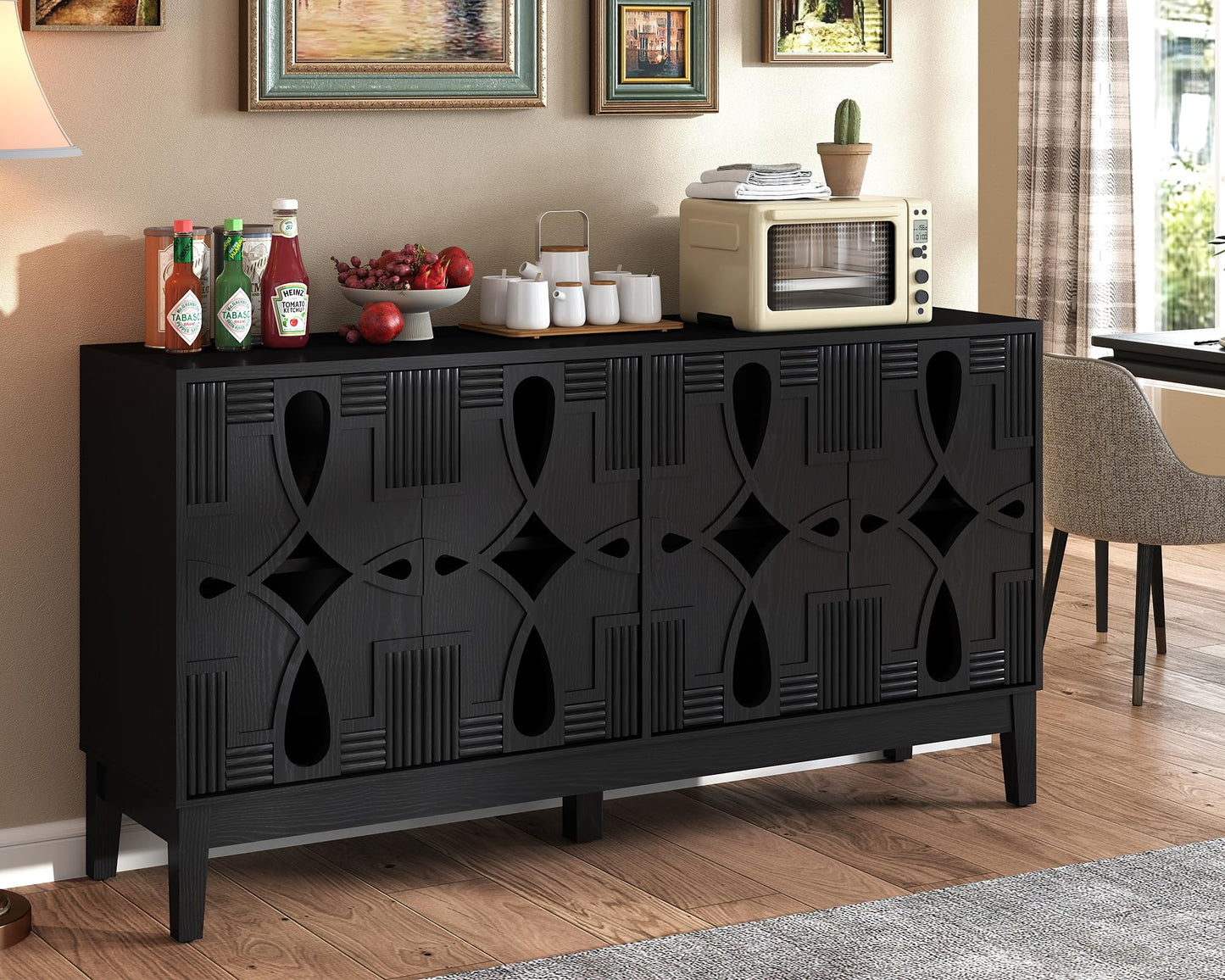 LKTART 60" Mid Century Modern Sideboard Buffet with Hollow Carved Doors and Outlet Holes,Vintage Accent Cabinet Credenzas Storage Cabinet Walnut