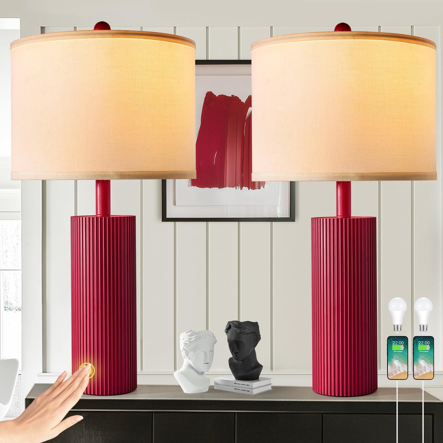 24.5" Black Lamps Set of 2, Modern Table Lamps for Living Room with USB C+A Ports, Creative Stripe Touch Lamps for Nightstand, 2 Bulbs Included