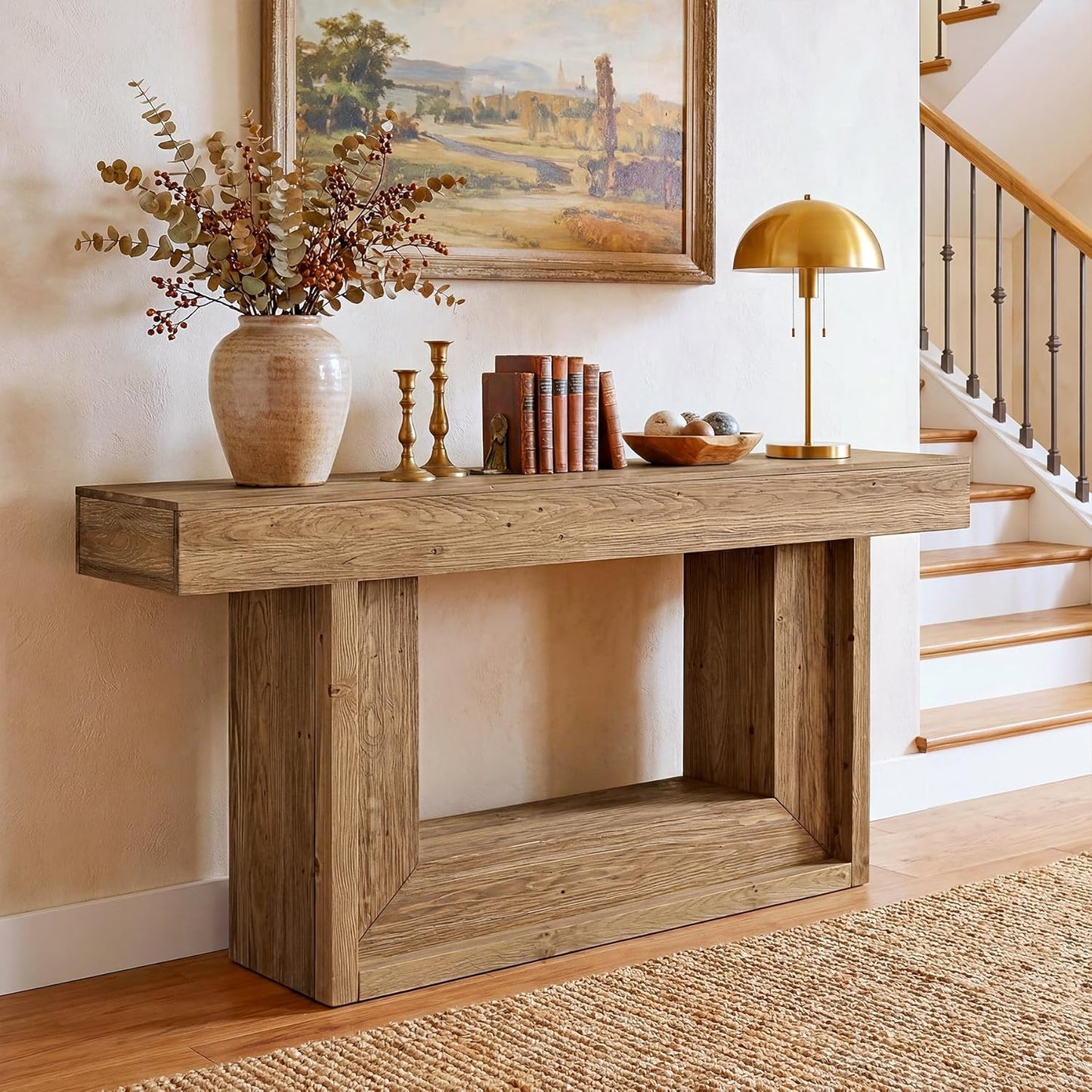 Wood Console Table, 63-Inch Farmhouse Entryway Table with Open Storage Shelf, Narrow Solid Wood Sofa Table Behind Couch for Living Room, Entrance, Foyer, Hallway, Natural