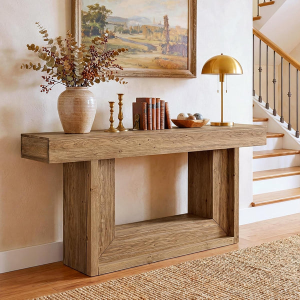 Wood Console Table, 63-Inch Farmhouse Entryway Table with Open Storage Shelf, Narrow Solid Wood Sofa Table Behind Couch for Living Room, Entrance, Foyer, Hallway, Natural