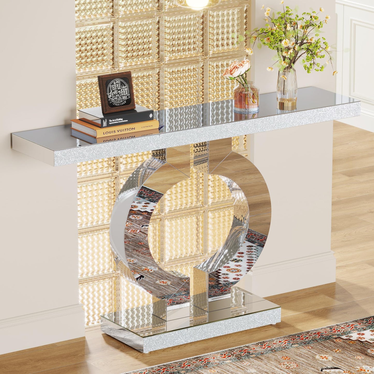 Tribesigns Modern Mirrored Console Table, Glass Sofa Table with Mirror Finish, 43-Inch Entryway Table with O-Shaped Base, Rectangular Accent Foyer Table for Living Room Hallway Entrance (Black)