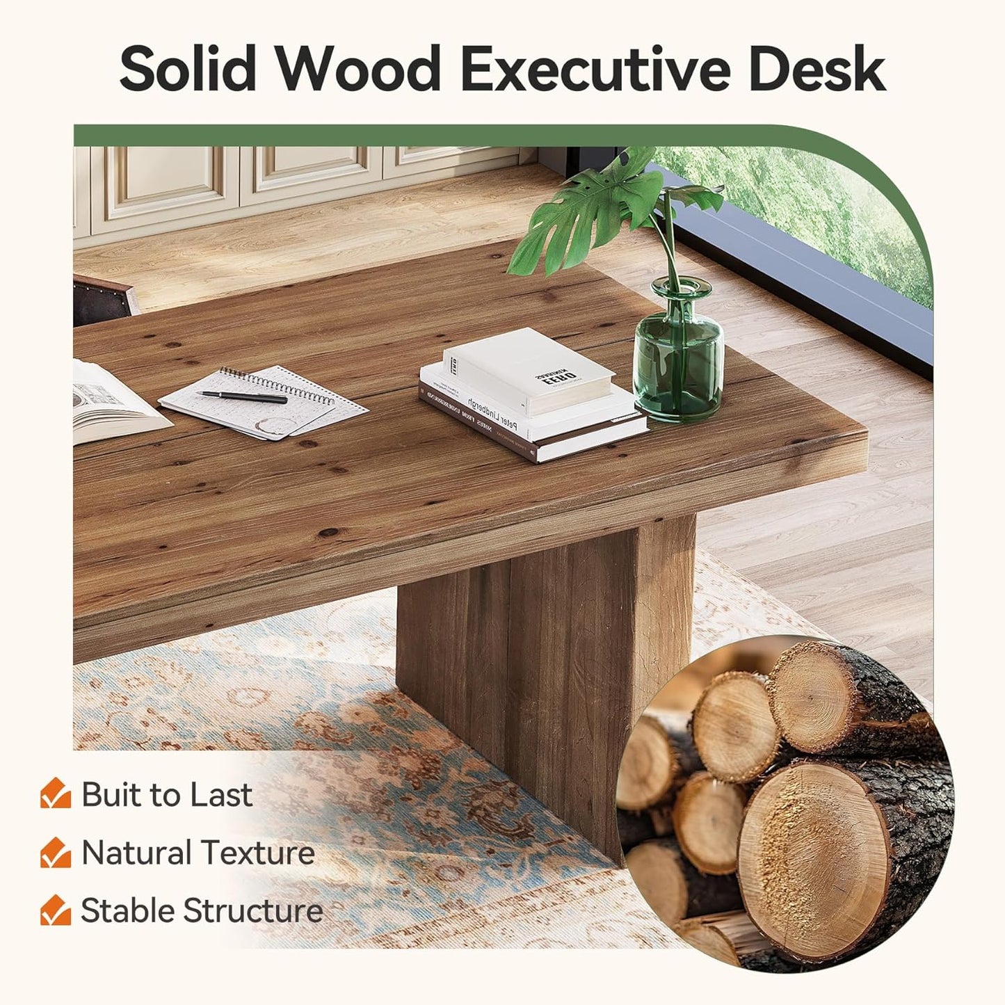 63" Solid Wood Home Office Desk, Farmhouse Large Executive Computer Desk with Sturdy Wooden Legs, Study Writing Table Business Workstation with Spacious Tabletop, Rustic Dark Brown