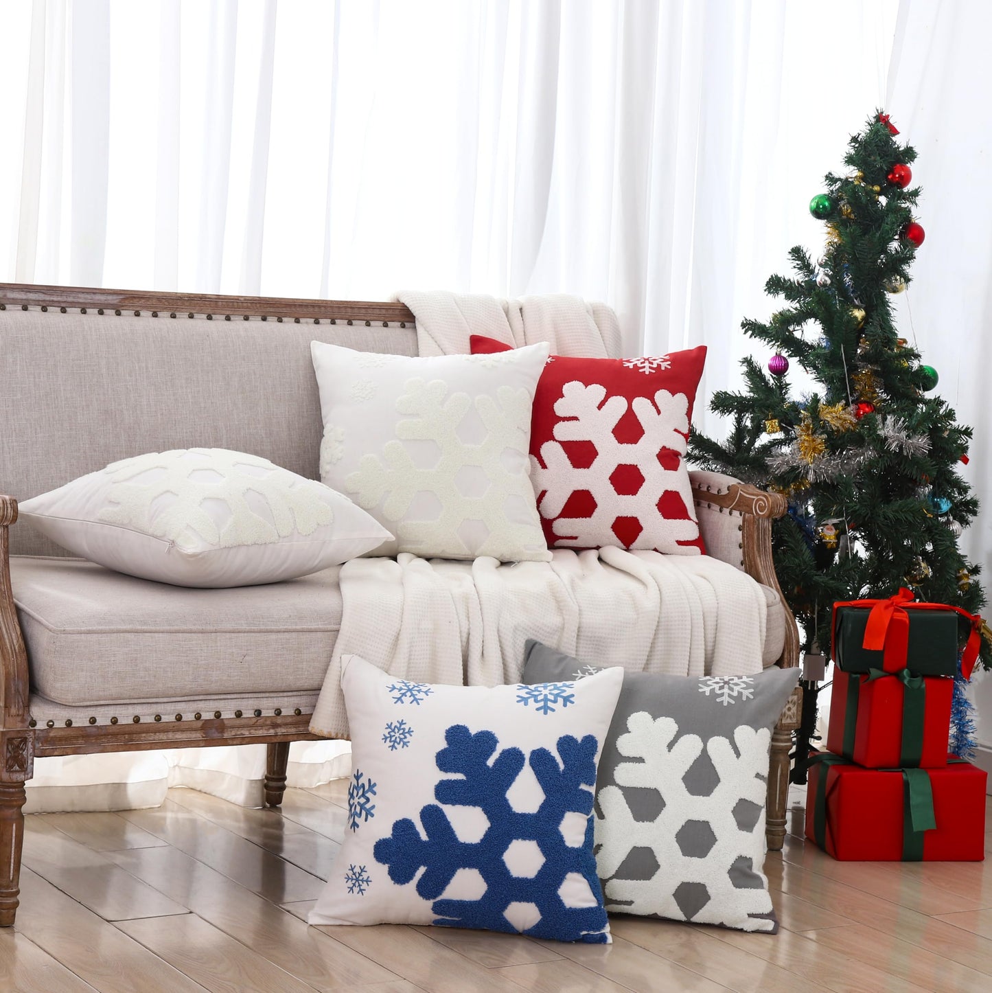 VAKADO Christmas Throw Pillow Covers 18x18 Set of 2 Embroidered Snowflake Decorative Xmas Cushion Cases Holiday Soft Home Decor for Bedroom Sofa Chair Porch Winter, Blue