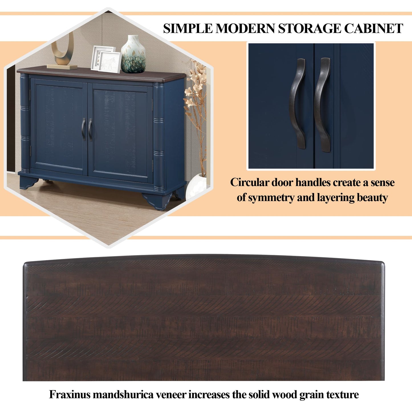 LKTART 40" Sideboard Buffet Accent Storage Cabinet with Carved Pattern Side Board Solid Wood Frame for Kitchen, Living Room, Entryway,Hallway (Blue+Brown)