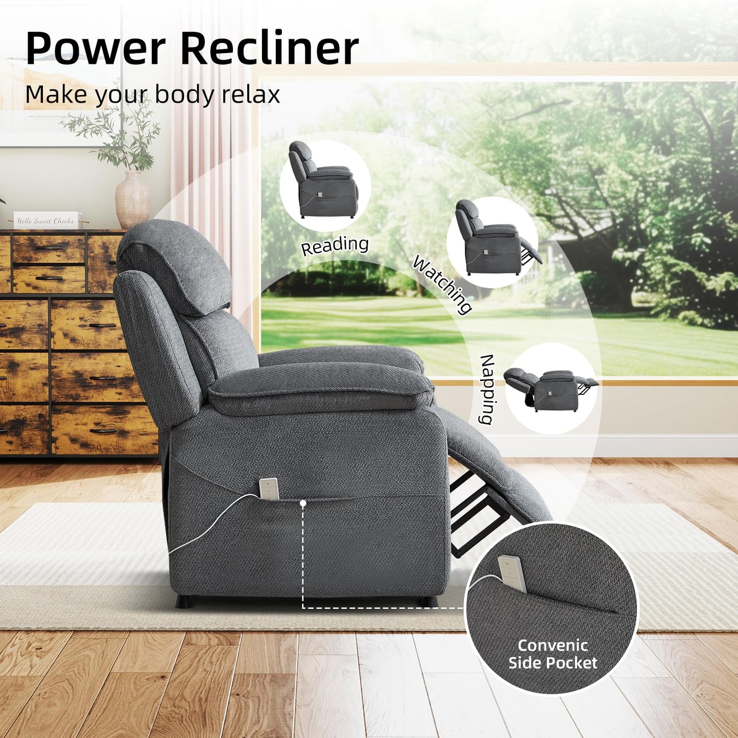 IOMOR Power Recliner Chair, Electric Recliner for Adults, Reclining Sofa Chair, Adjustable Home Theater Seating with Side Pocket for Small Space, Living Room (1, Dark Gray, Single Recliner)