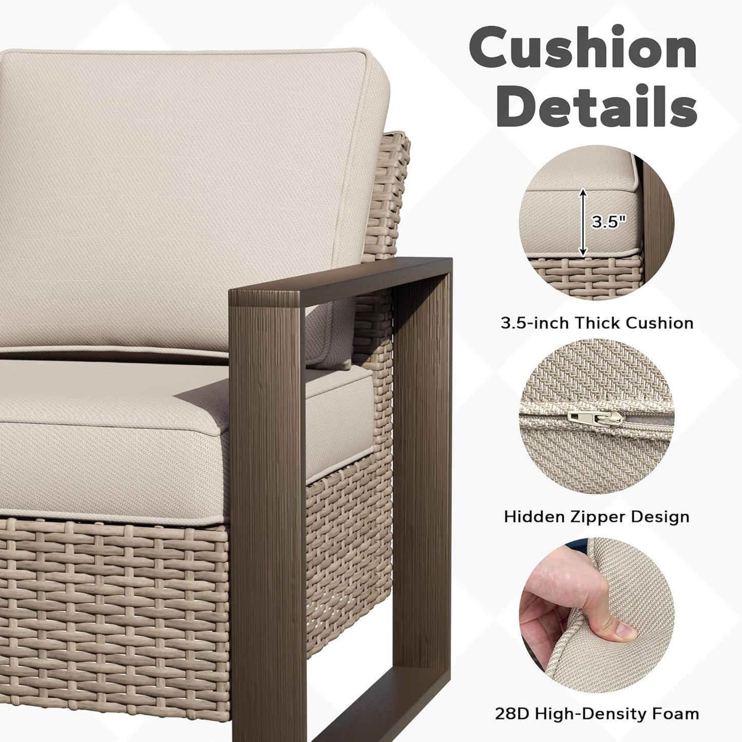 Joyside Outdoor Patio Chairs, 3 Pieces Wicker Rattan Furniture Set, 2 Patio Chairs and 1 Table, Metal Wide Armrest, Thick Cushions and Deep Seating for Garden, Backyard, Porch, Deck