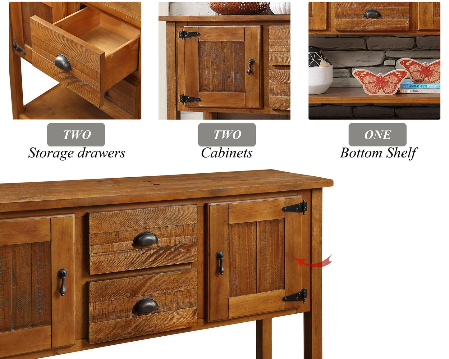 LKTART Farmhouse Sideboard Buffet Cabinet,Solid Wood Sideboard with Storage Drawers and Bottom Shelf,Coffee Bar for Entryway Hallway Foyer,Easy Assembled (46.5" Brown
