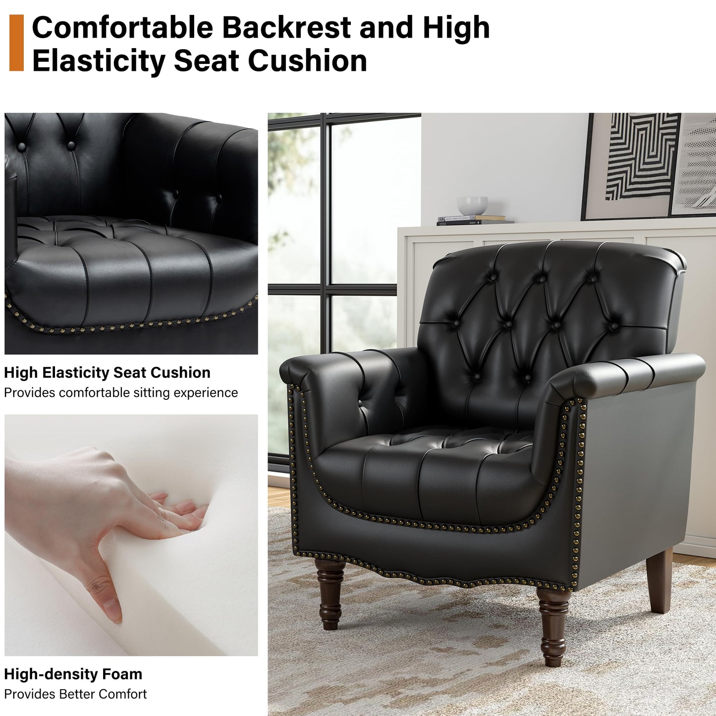 Faux Leather Club Chair, Retro Upholstered Armchair Accent Chair with Solid Wood Legs & Nailhead Trim for Living Room, Bedroom, Reading Room, Camel
