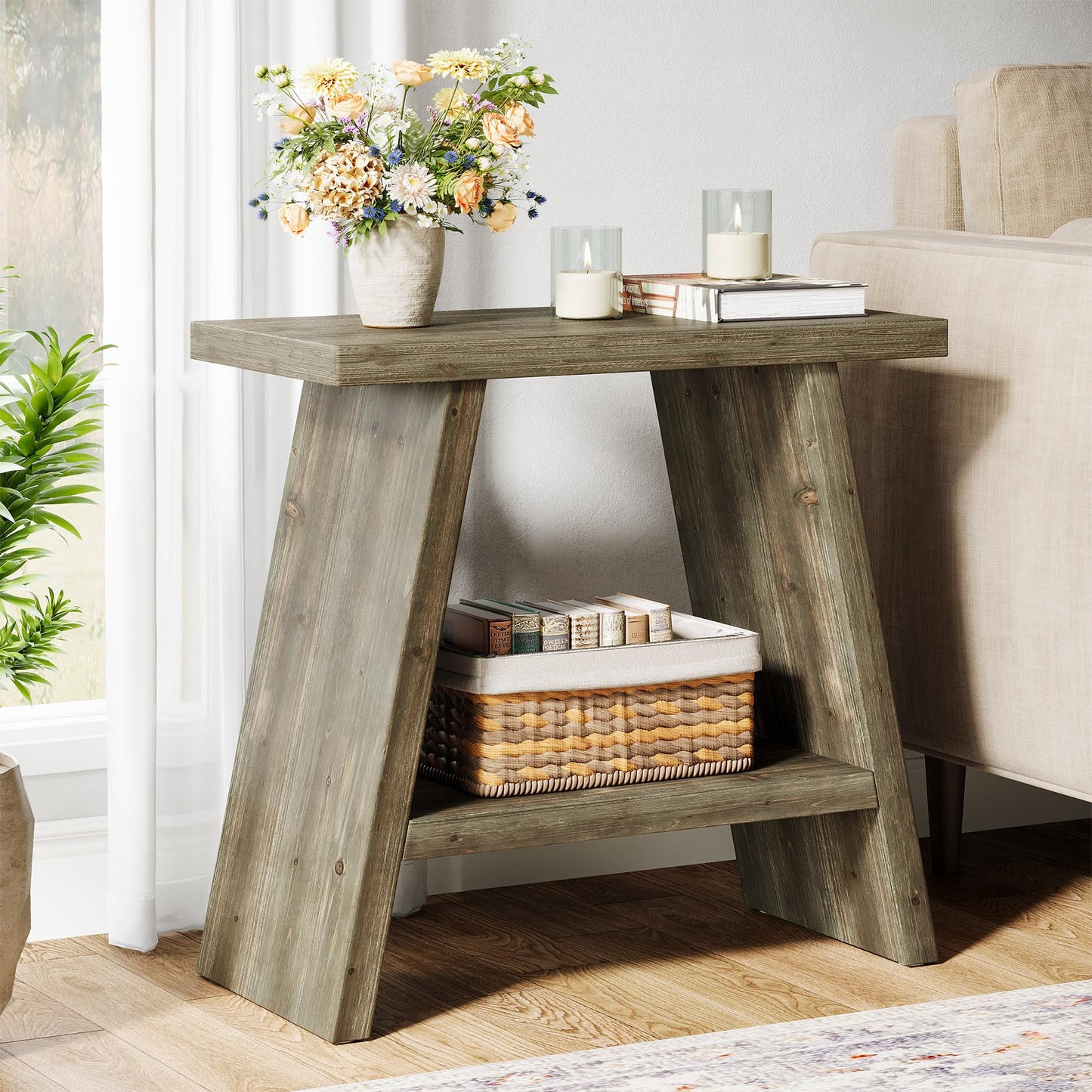 Solid Wood End Table for Living Room, Narrow Small Side Table with 2-Tier Storage, Farmhouse Bedside Nightstand for Bedroom, Small Places, Rustic Brown (1PCS)