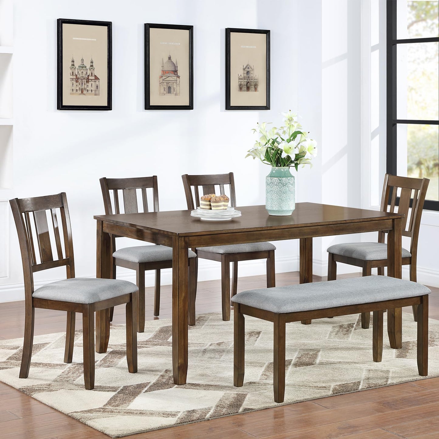 LKTART 6 Piece Kitchen Dining Set, 58.5" Rectangular Wooden Dinner Table with 4 Upholstered Chairs and a Bench for Living Room, Home Bar and Kitchen, Walnut