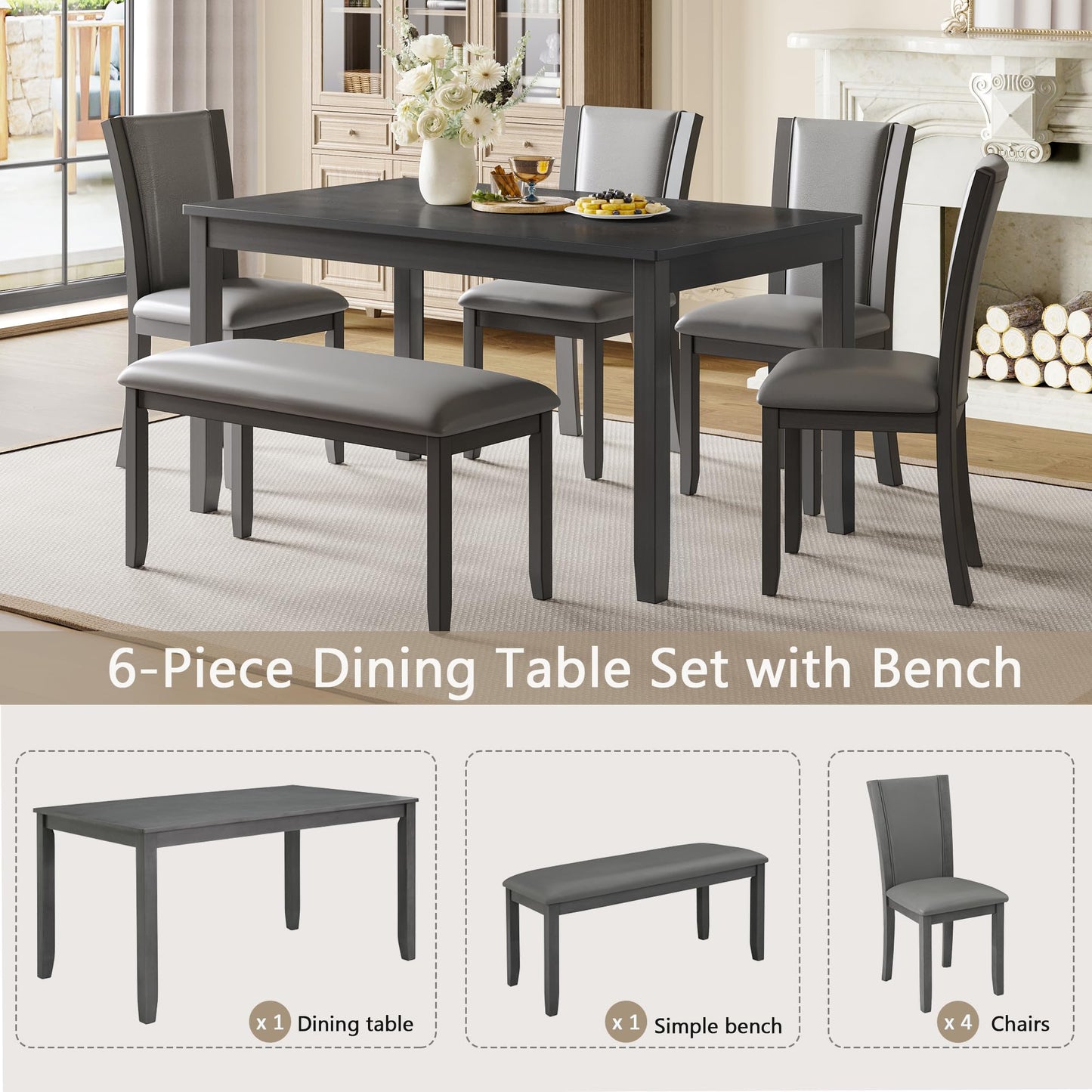 LKTART 6 Piece Kitchen Dining Set, 58.5" Rectangular Wooden Dinner Table with 4 Upholstered Chairs and a Bench for Living Room, Home Bar and Kitchen, Walnut