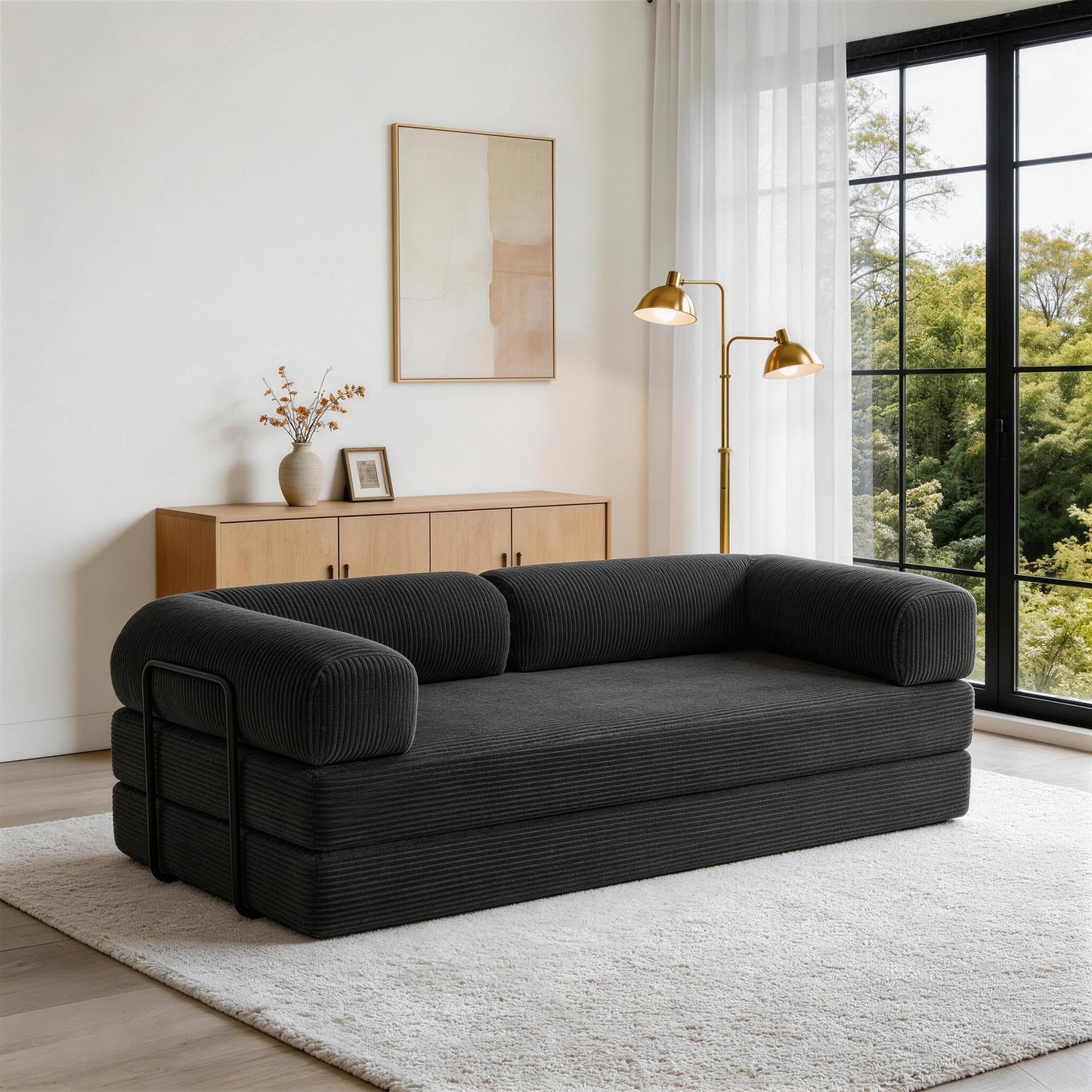 79'' Convertible Sleeper Sofa Bed, 4-in-1 Corduroy Folding Floor Couch, No Assembly Modular Boneless Loveseat with Pull Out Bed, Comfy Foldable Sofa Bed for Living Room Bedroom Guest Room, Gray