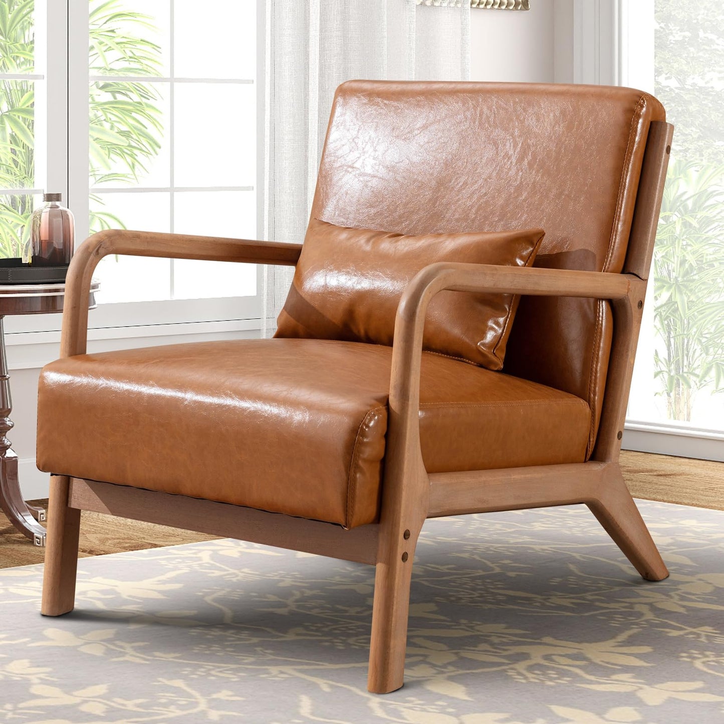 IOMOR Accent Chair Mid Century Modern Chair Linen Fabric Living Room Chairs with Solid Wood Frame Comfy Upholstered and Lumbar Pillow Reading Side Chair Easy Assembly for Bedroom Room (1, Linen Green)