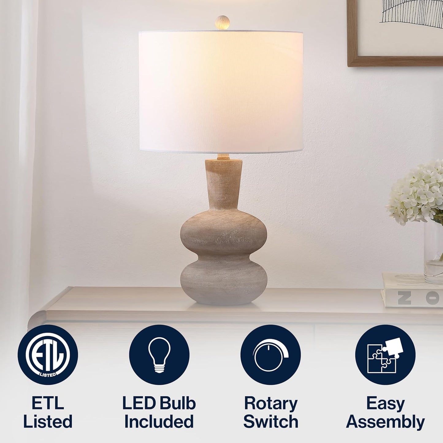 JONATHAN Y 24" Antique Brown Modern Minimalist Sculptural Oak-Grain Resin LED Table Lamp for Living Room Bedroom, White Linen Drum Shade, LED Bulb Included JYL5708A